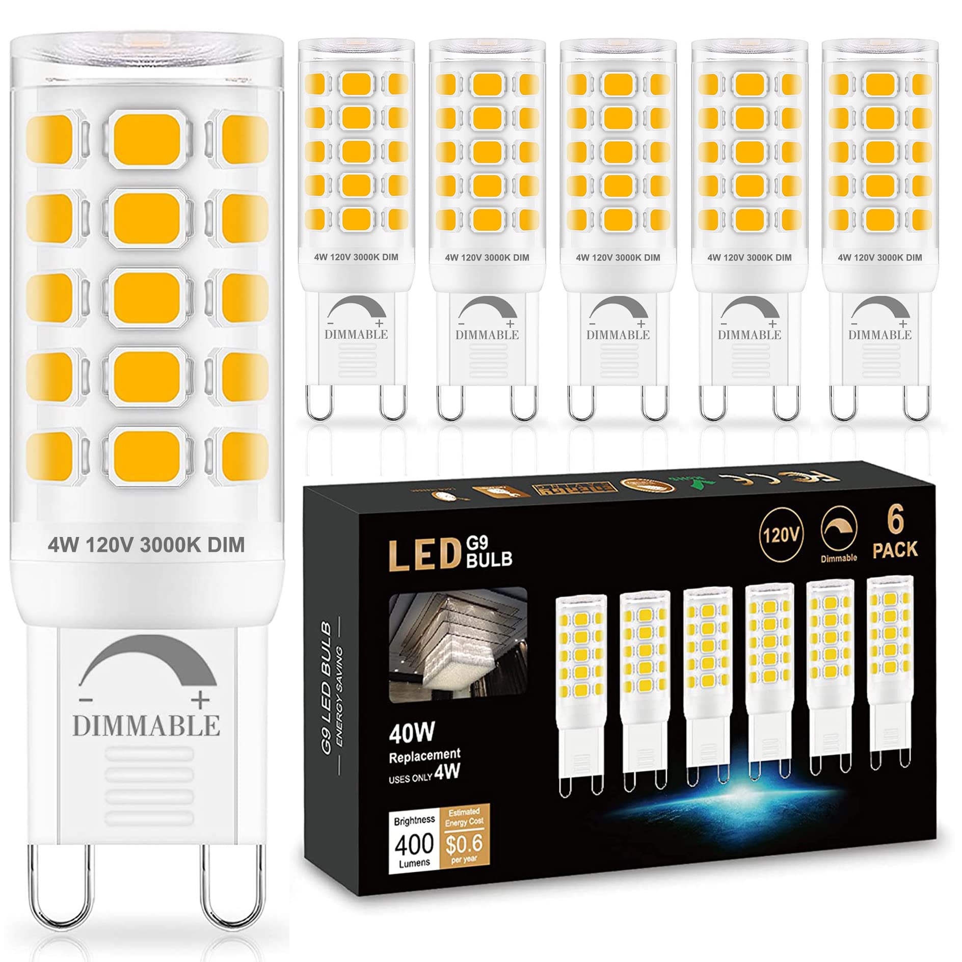 Sailstar G9 LED Bulb Dimmable 40W Equivalent, G9 Bulb 3000K Warm White, 400 Lumens, 360° Beam Angle, No Flicker, 120V, G9 Bi-pin Bulb Ceramic Base, 4W G9 Light Bulbs for Chandeliers, 6 Pack