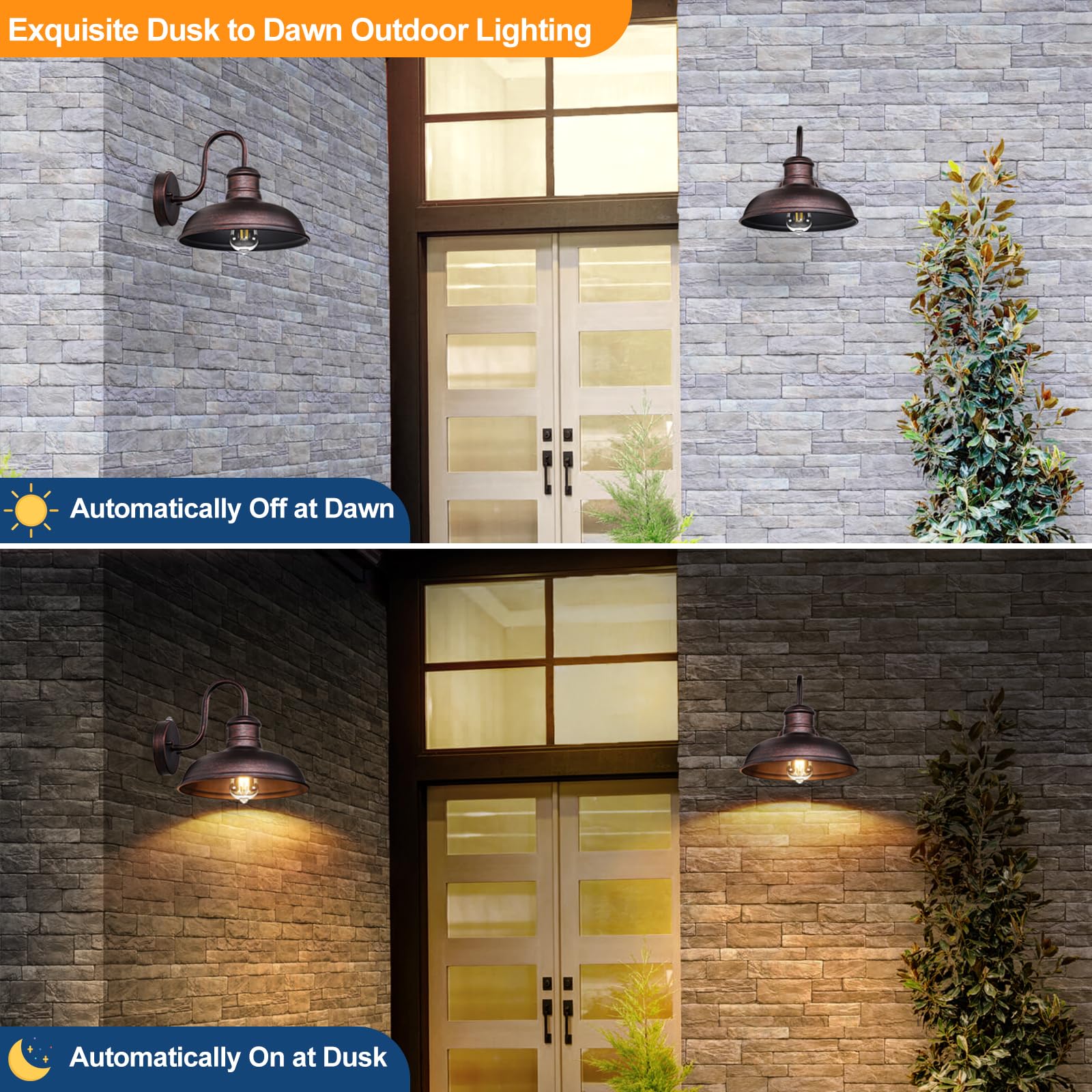 TOBUSA 2-Pack Dusk to Dawn Gooseneck Barn Wall Lights, Waterproof Distressed Brown Outdoor Fixture, Model B10014PP-BN