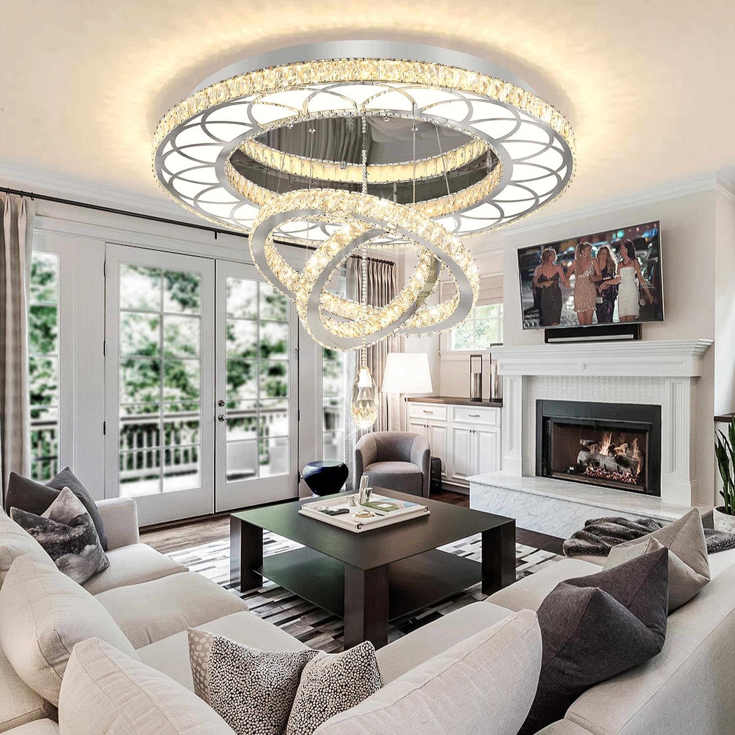 Flashing God 32" Modern Crystal Chandelier LED Flush Mount Light - Silver, Dimmable 2700K/4500K/6000K, Model MMQ0268-1-F