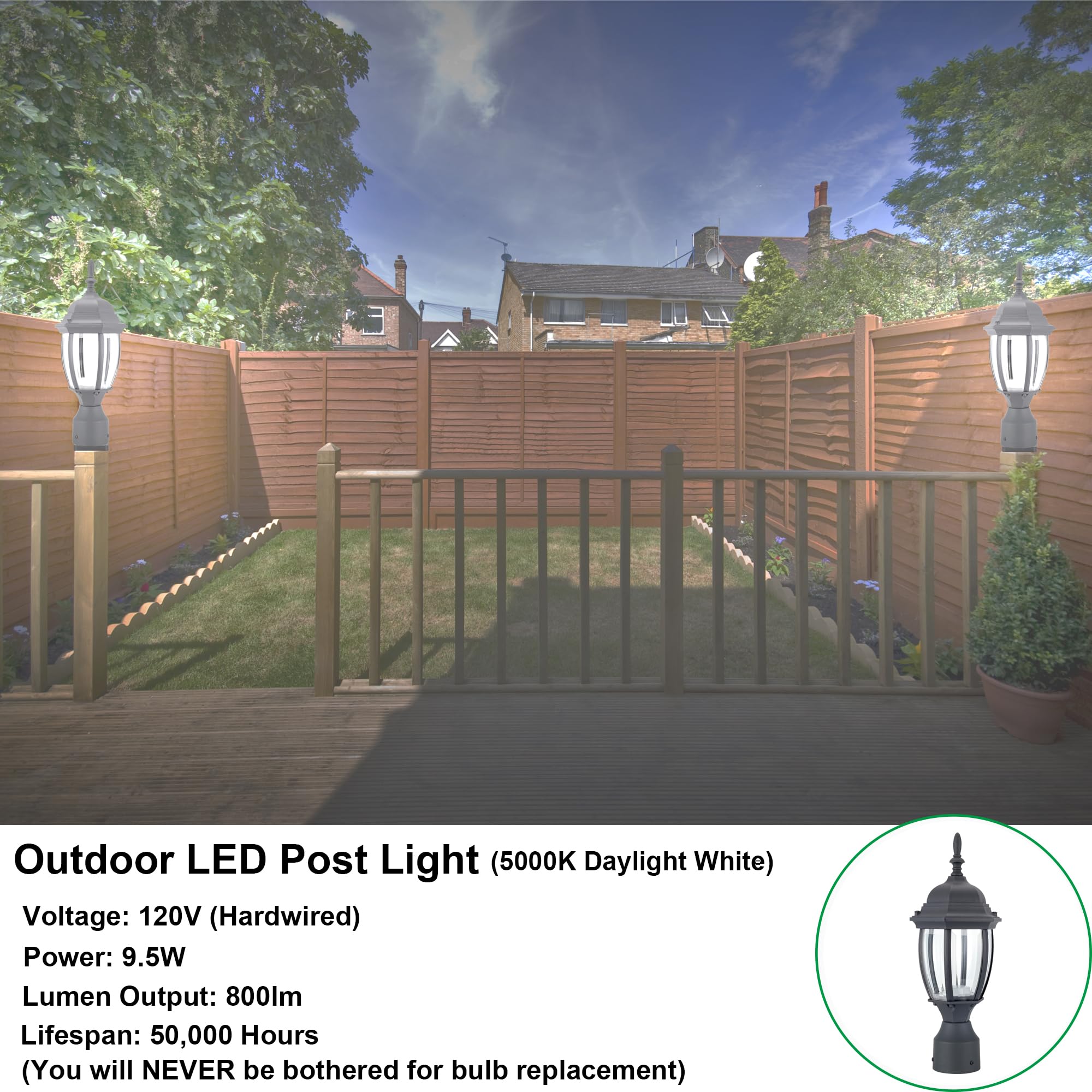 LIT-PaTH LED Outdoor Post Light, 9.5W 800 Lumens, 5000K Daylight White, Aluminum, Matte Black, Model LT-PL00150K,