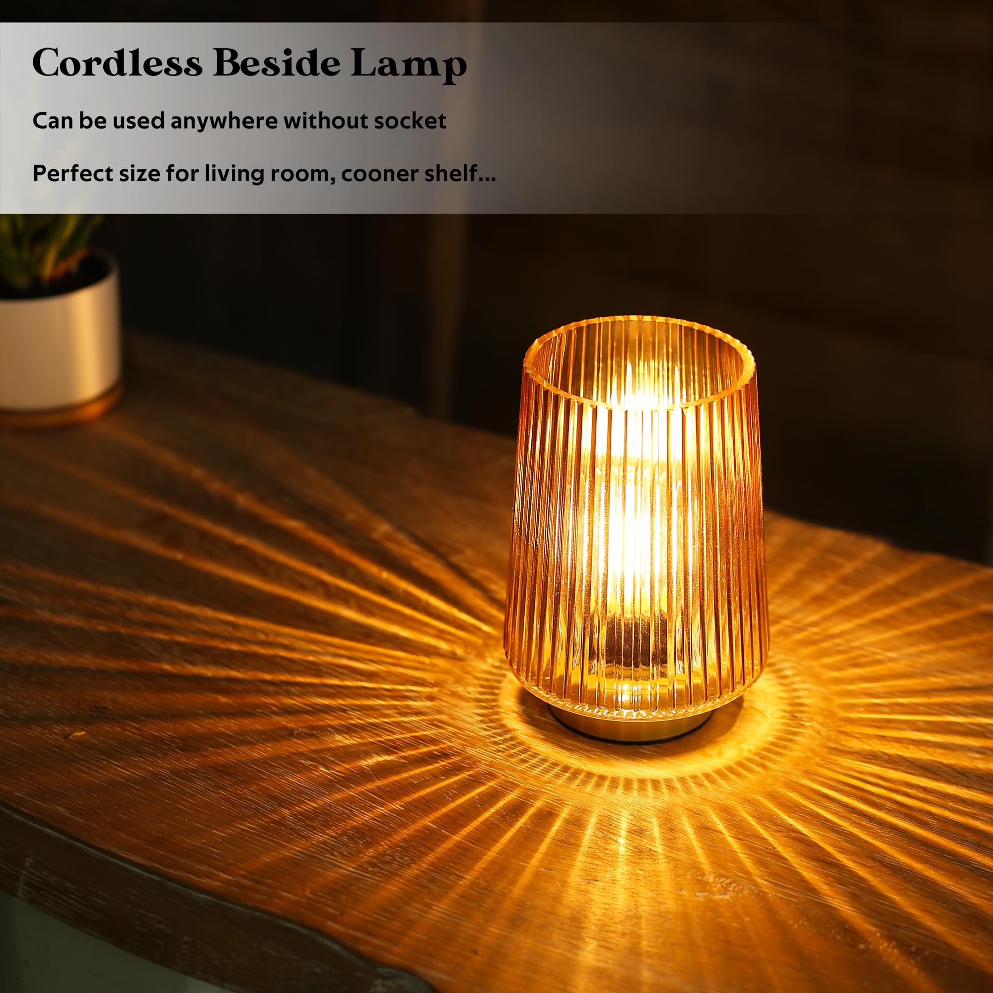 LUSHARBOR Battery Operated Table Lamp Set of 2, Amber Glass, Timer, Cordless Decorative Lamp for Bedside Living Room