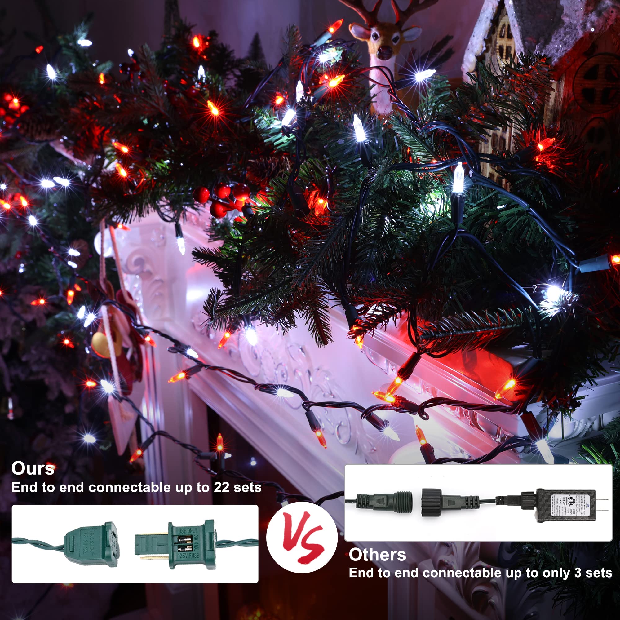Brizled Red & White Christmas Lights, 33ft 100 LED Christmas Tree Lights, 120V UL Listed Mini String Lights Connectable, Plugin