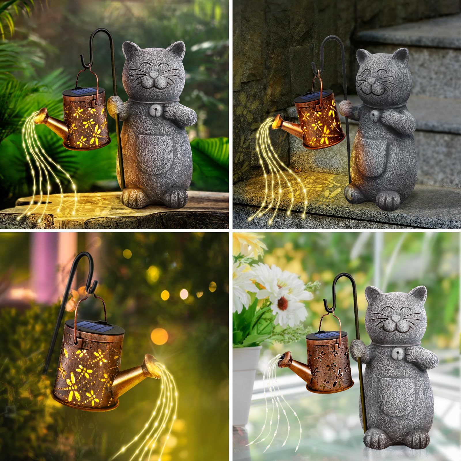 Hinshark Solar Garden Cat Statue With Kettle Light - Perfect Valentines & Birthday Gifts For Cat Lovers