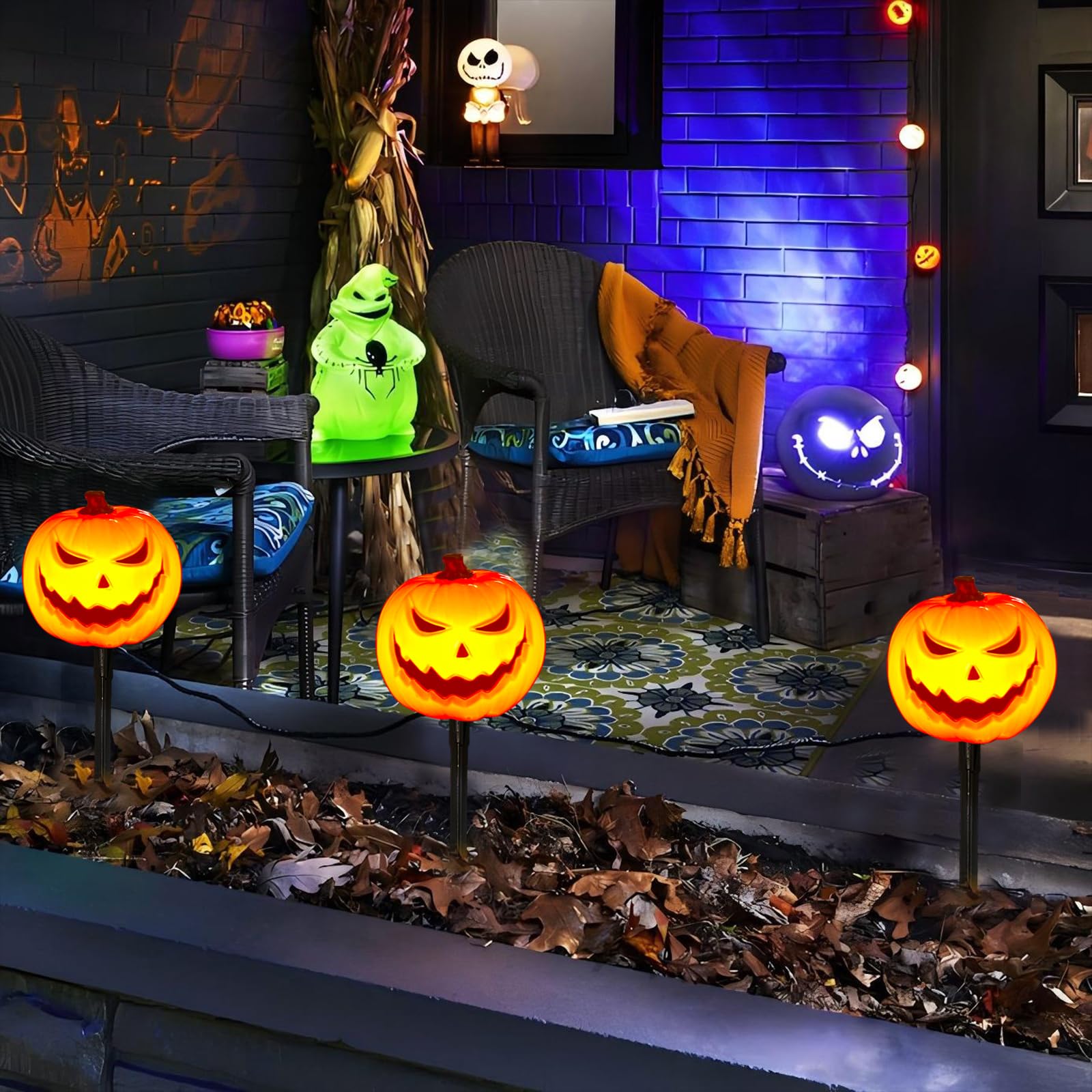 Egcol 4 Pack Halloween Smiley Pumpkin Pathway Lights, 7Ft LED Outdoor String Lights with Jack O Lantern Stakes for Garden Decor