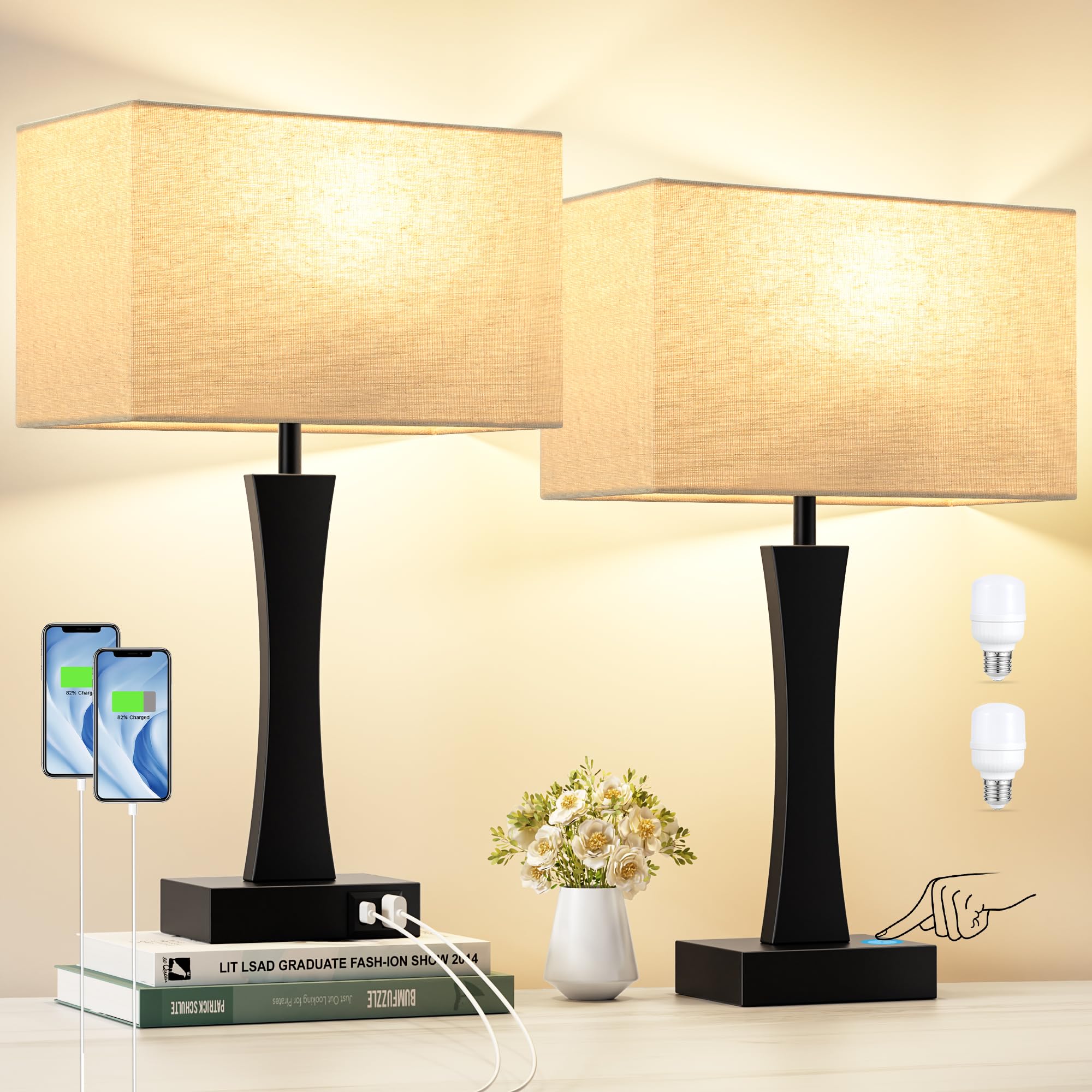 Seealle Bedside Lamps Set of 2 - 3 Way Dimmable, Touch Control, USB C+A Ports, Metal, Medium, Beige&Black
