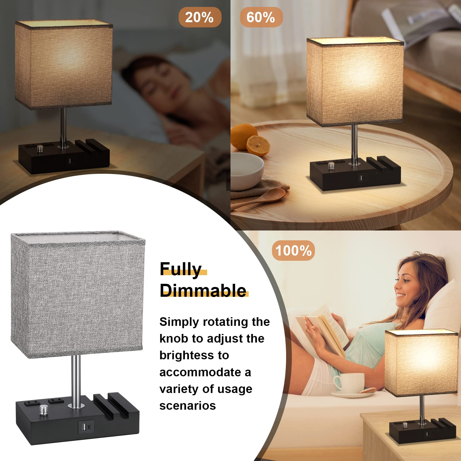 Kakanuo Bedside Lamps Set Of 2, Fully Dimmable Grey Wooden Table Lamps With Usb C Ports And Phone Stand, Bulb Included