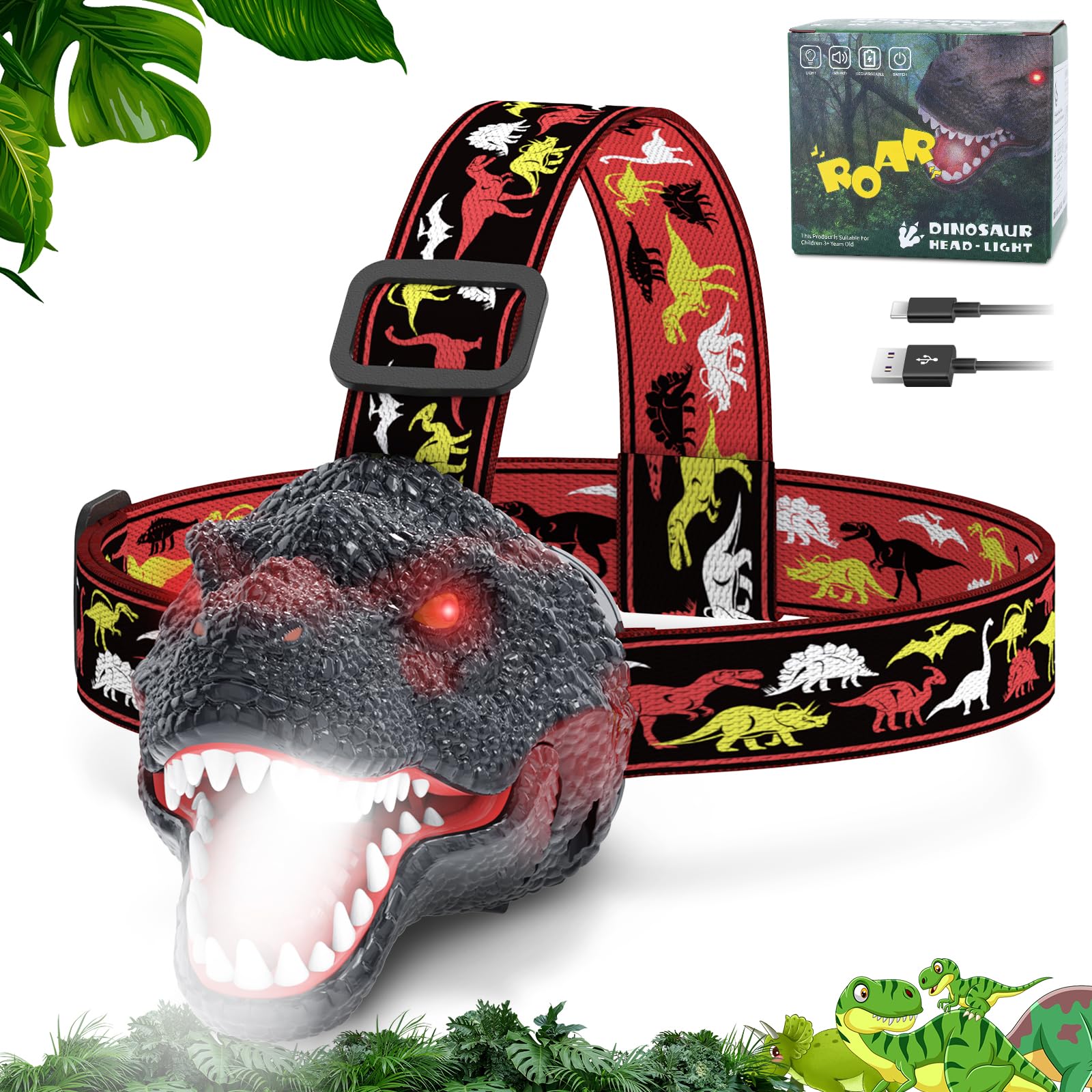 Nitigo Dinosaur Headlamp For Kids Flashlight Rechargeable Led Headlights Roar & Silent Mode, T-Rex Dinosaur Toys For Kids 3-5 4-