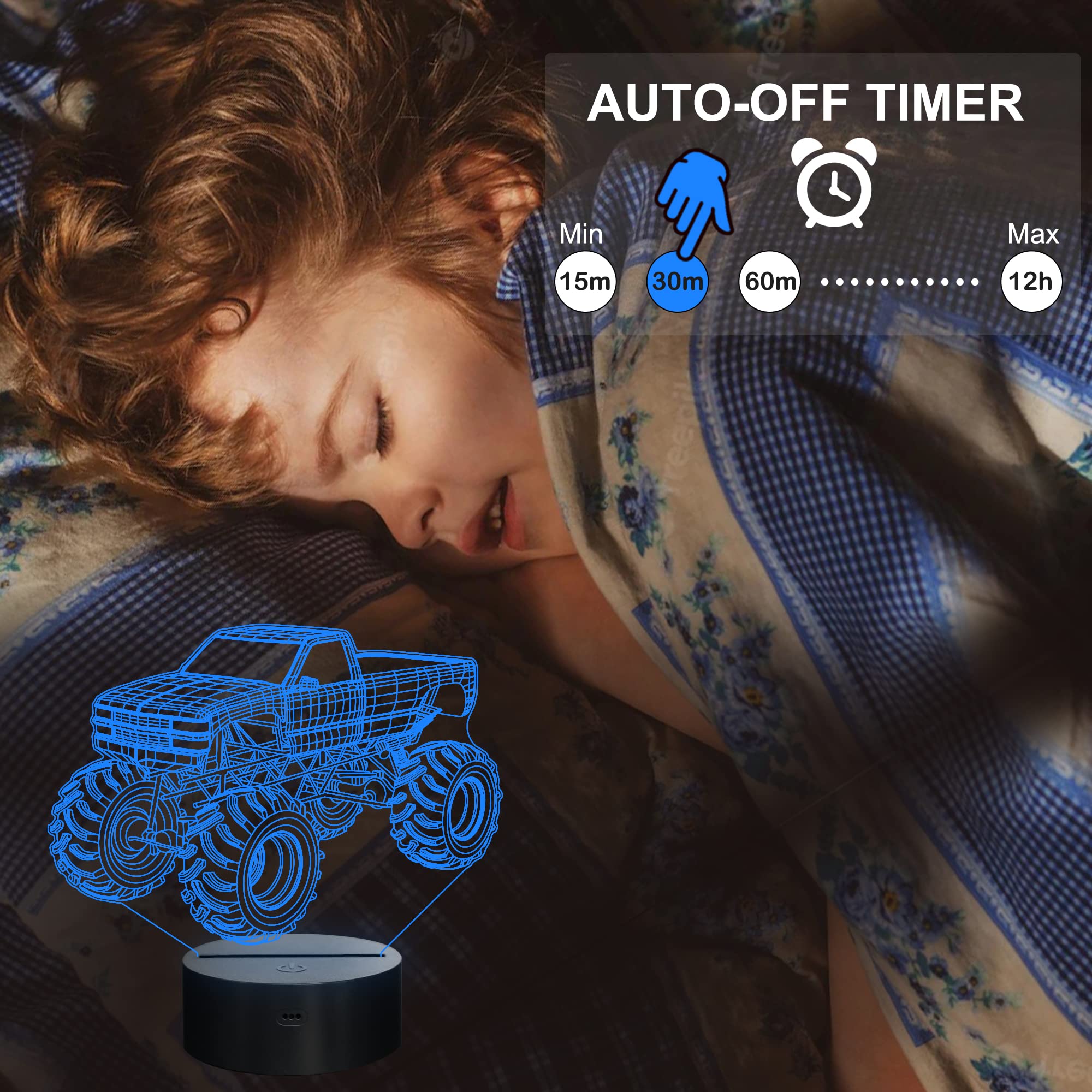 YuanDian 3D Night Light, Monster Truck Design, 16 Color LED, Acrylic Table Lamp, Kids Bedroom Decoration, Model FS-2810-9999, Multicolor