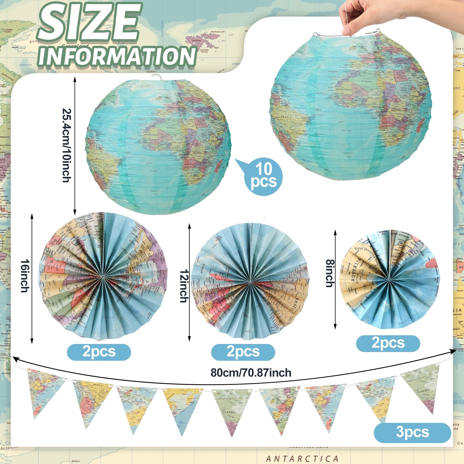 Tujoe 19 Pcs Map Classroom Decorations Travel Themed Party Decorations Globes Hanging Paper Lantern Fans Triangle Flags Banner For Home Earth Chinoiserie Theme Party(Green)