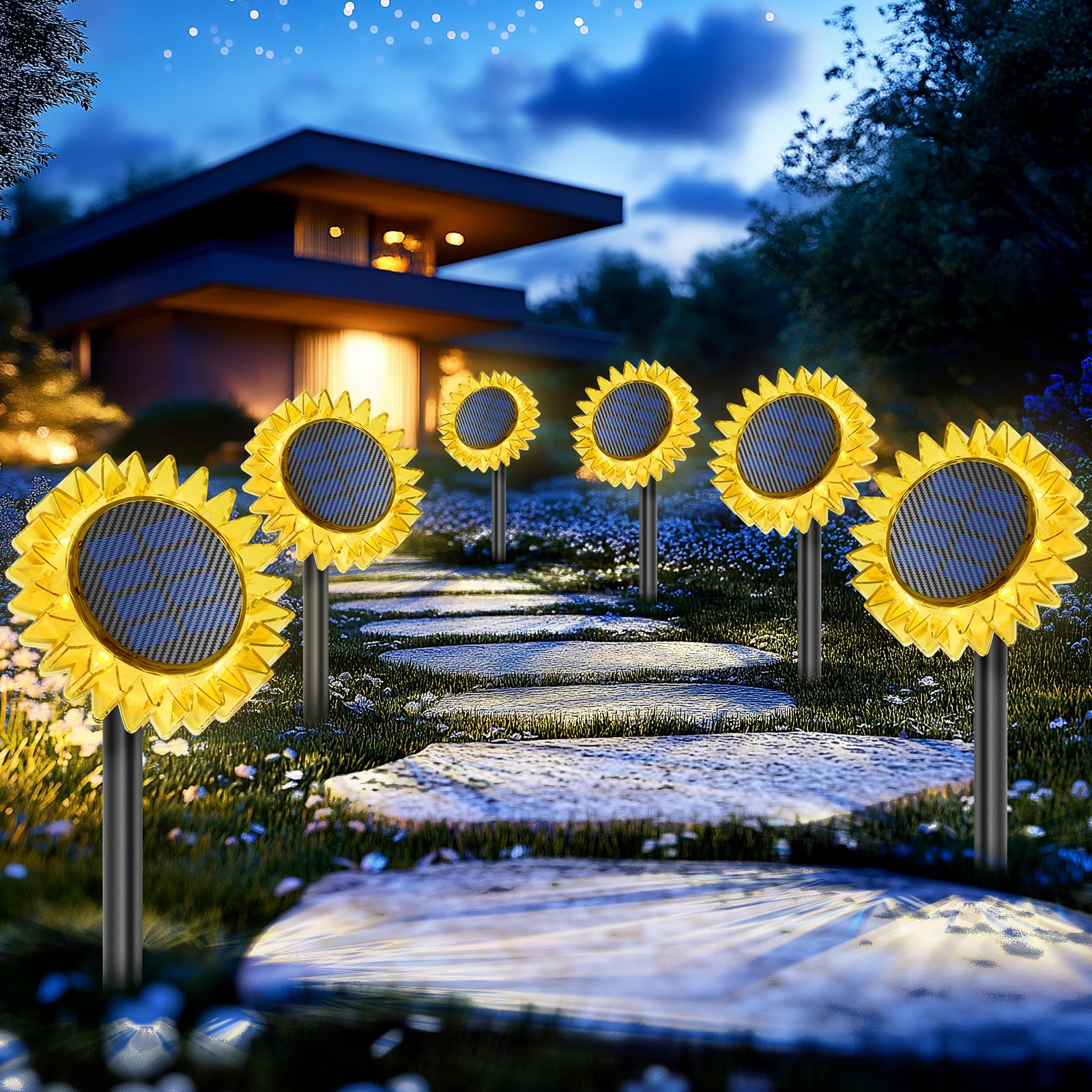 VGYVGYCC Solar Garden Lights - 6 Pack, Upgraded Sunflower Design, Waterproof IP67, Yellow-Warm White, Plastic Material