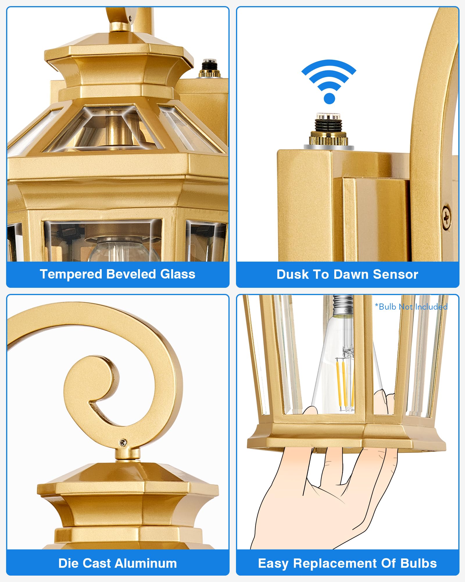 OPAXIS Gold Outdoor Porch Lights, Waterproof Wall Lanterns, Dusk to Dawn, Model P8105, Standard 1-Pack