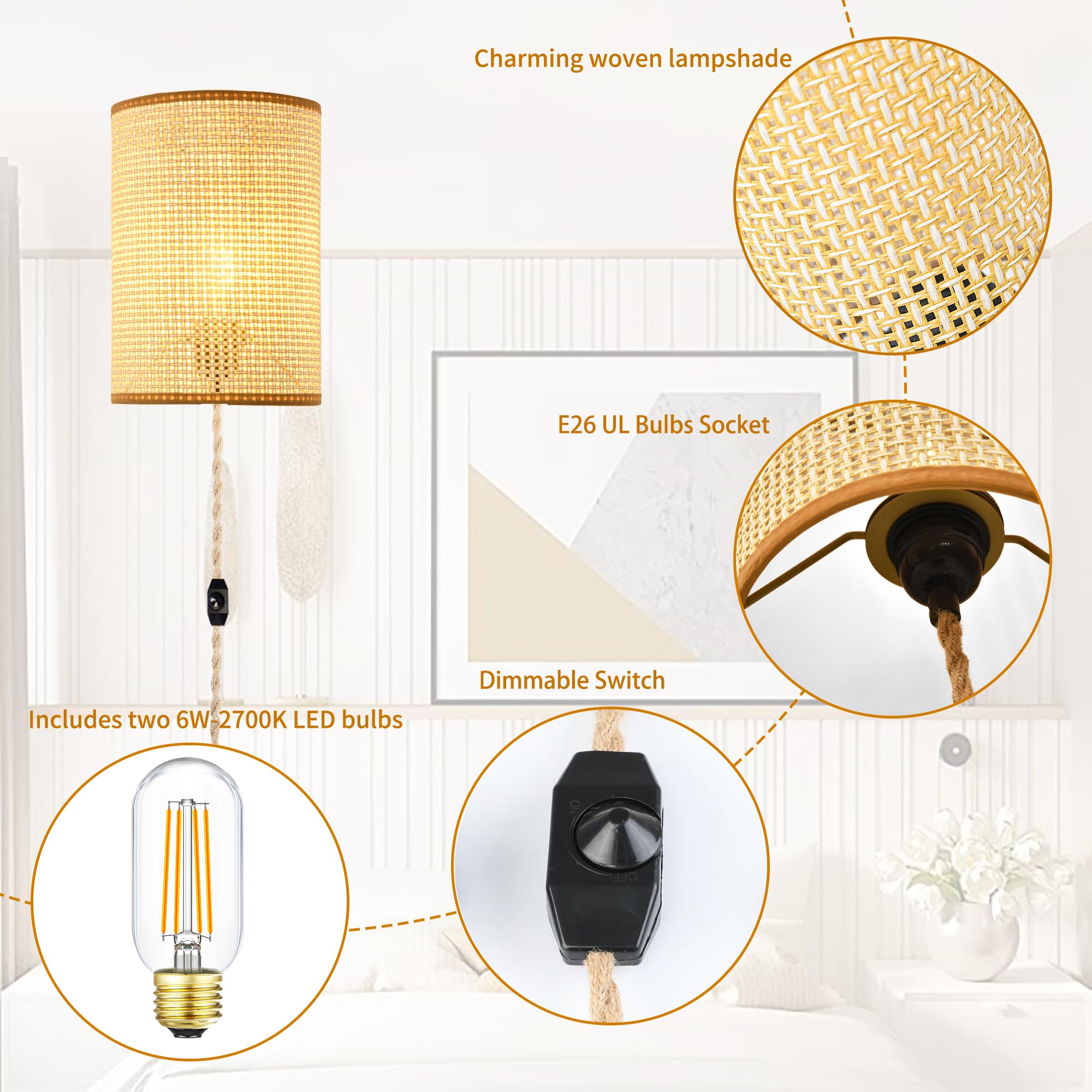 XININSUN Wall Sconces, Rattan Lampshade, Plug-in with Dimmable Switch, Beige, Set of Two, Rustic Boho Fixtures for Bedroom Living Room