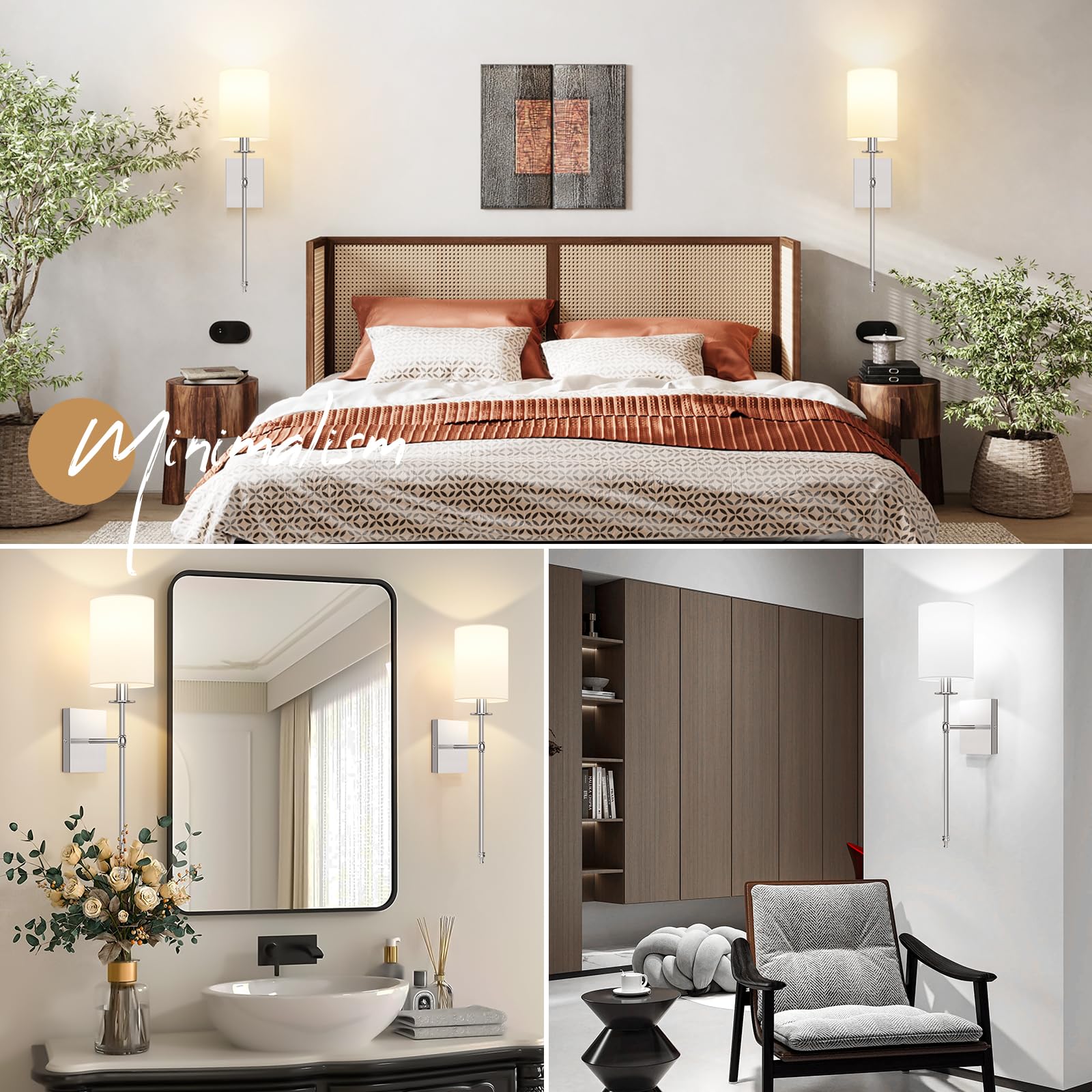 Bosceos Wall Sconces Set of 2, 24.8 Inch Battery Operated, Brushed Nickel, Dimmable Wireless Lights with Remote, Model L2018-1SN
