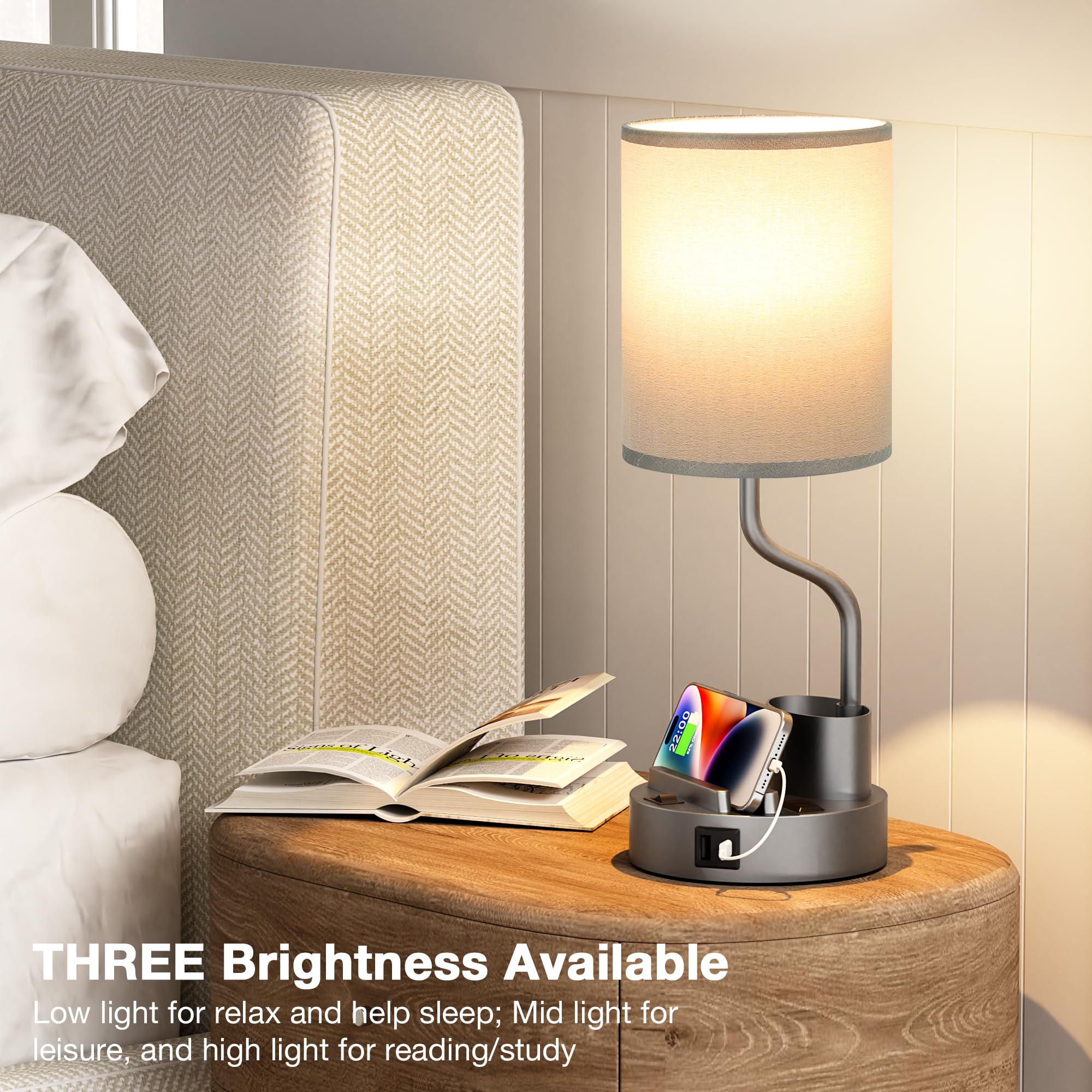 Grey Bedside Table Lamps For Bedroom Set Of 2 - Nightstand Light With Ac Outlet And Usb A & C For Charging, 3 Color Temperatures