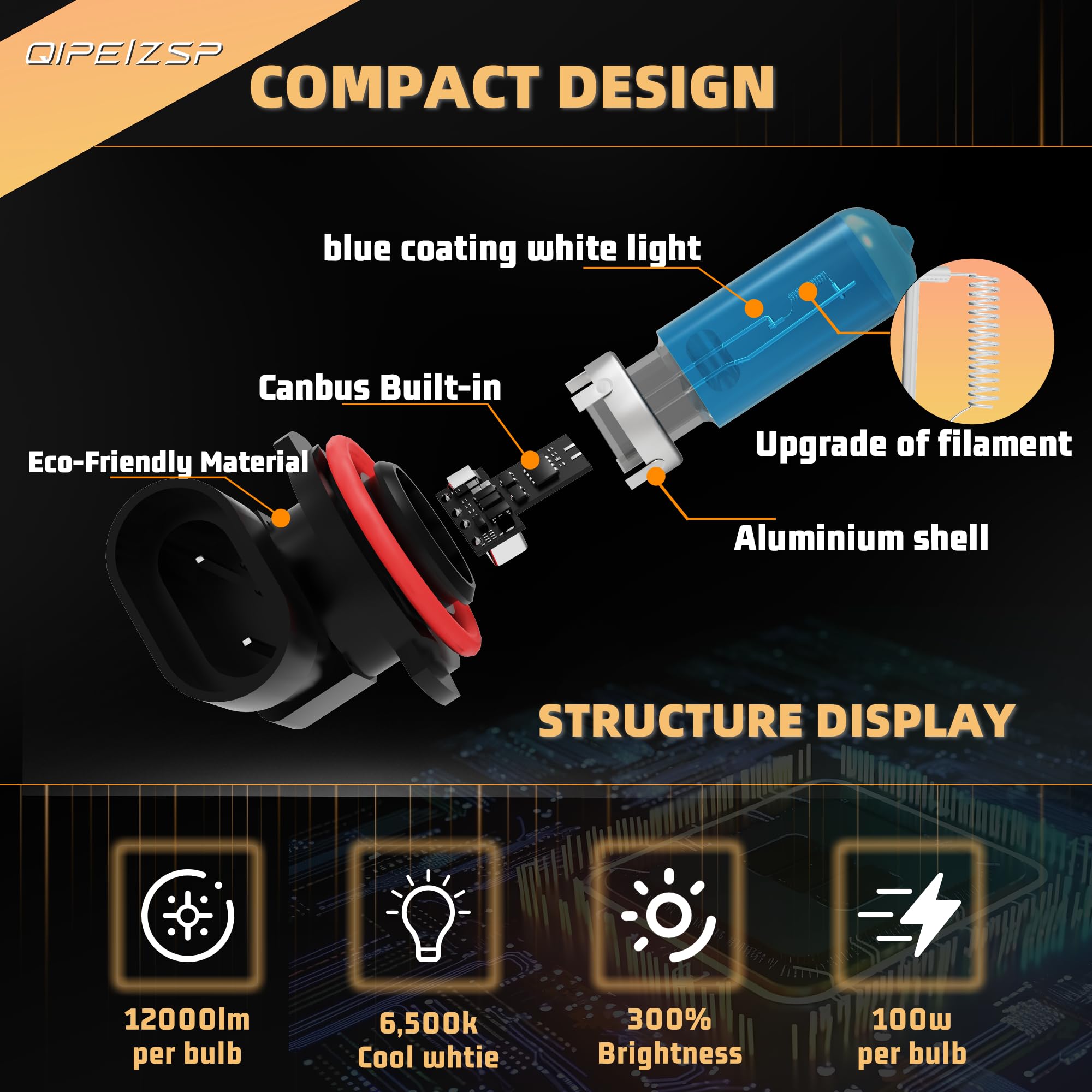 QIPEIZSP compatible with Ford Fusion 2006-2018 Halogen Headlight Bulbs,H7 High Beam + H11/H8/H9 Low Beam,Pack of 4