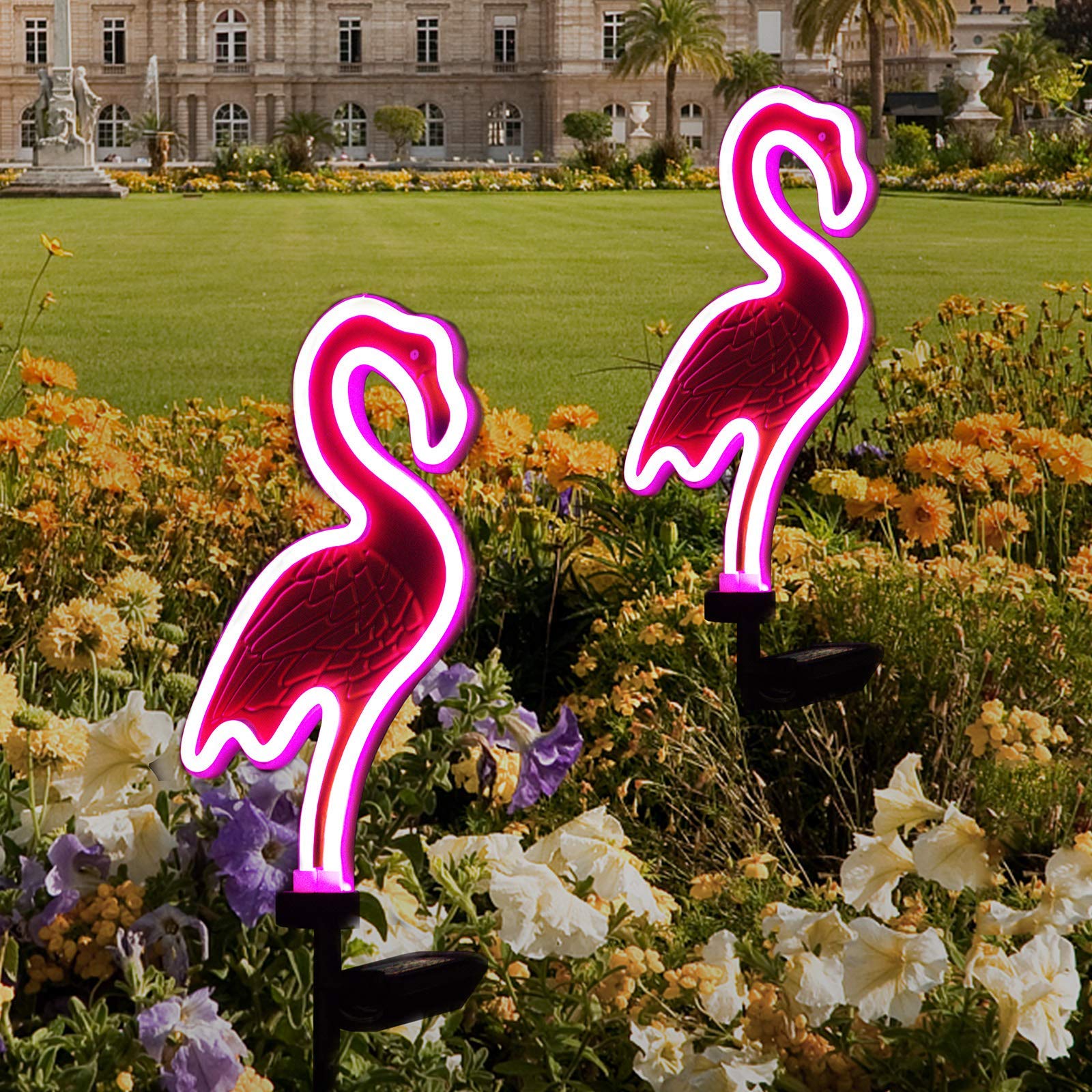 Solar Flamingo Pink Neon Light - 2Pack 42 Inch Metal Garden Stake Lights, Flamingo Gifts For Women Path Lighting For Yard Lawn P