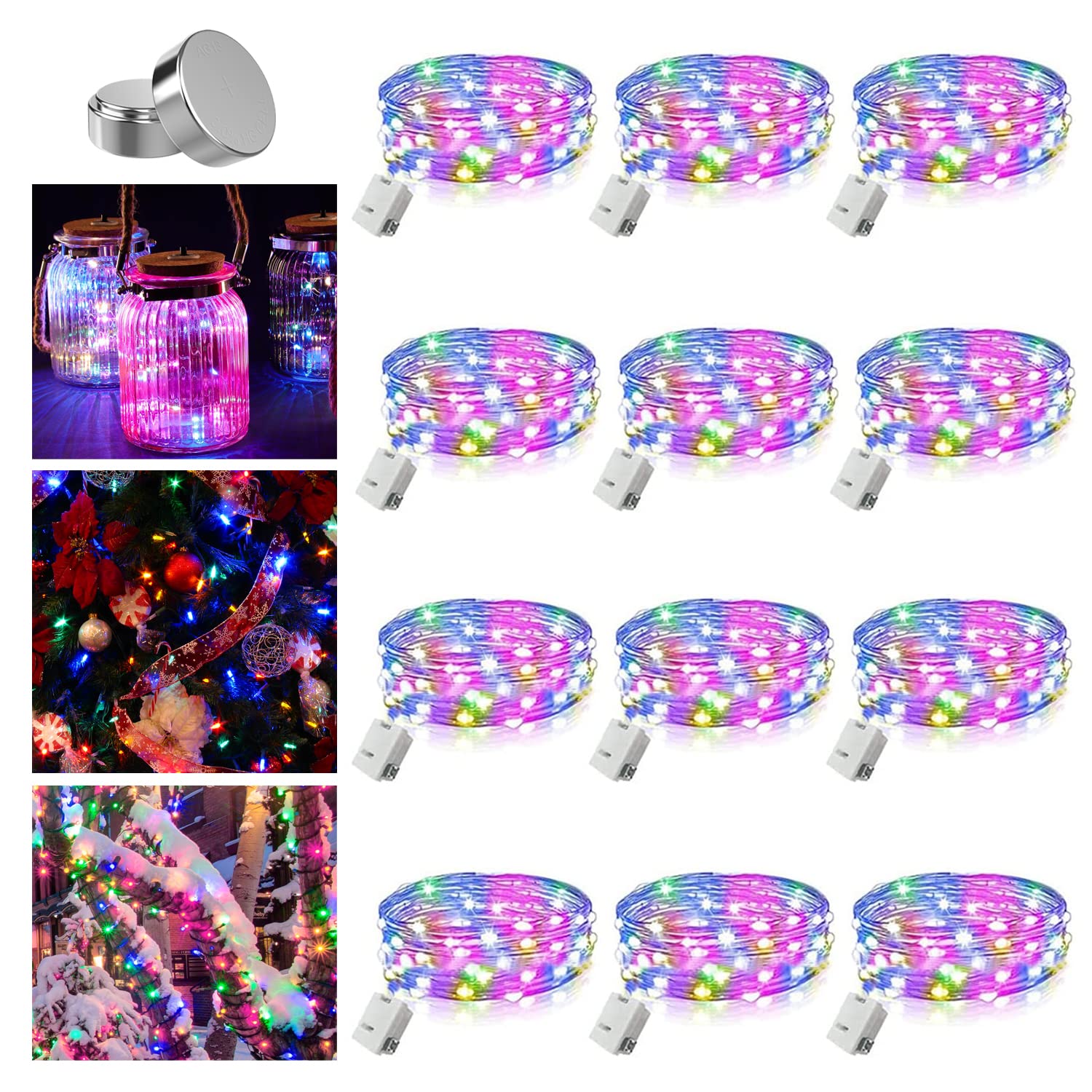 12 Pack Multi-Colored Fairy Lights Battery Operated, 3 Speed Modes, Extra 12 Batteries for Replacement, 7Ft 20 LED Mini String Lights, Waterproof Twinkle Firefly Lights for Christmas Decoration
