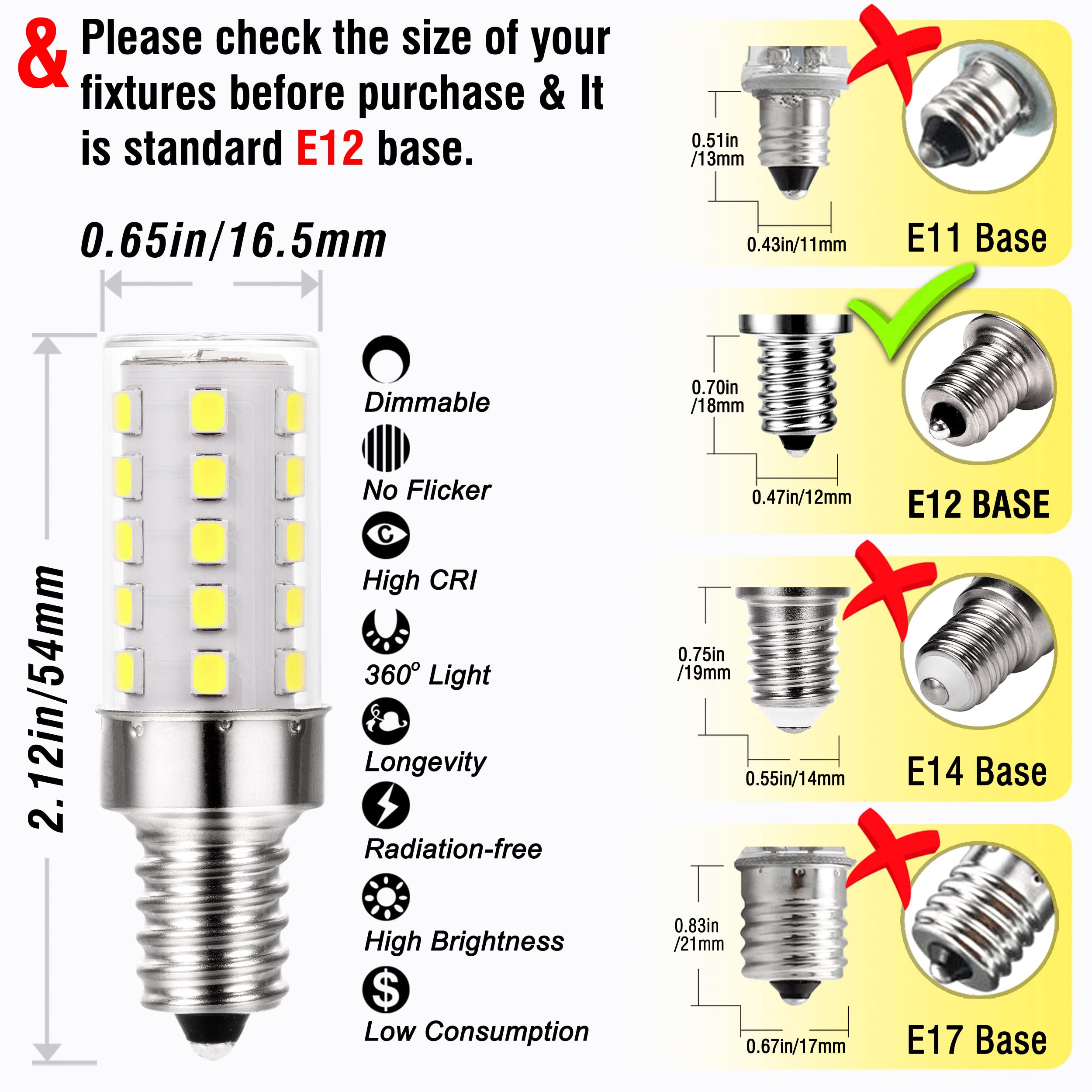 Alide Dimmable 5000K Daylight White Led Bulbs, Replace 40W E12 Halogen Equivalent, T6 Base 120V C7 Led Candelabra Bulbs 4W Brigh