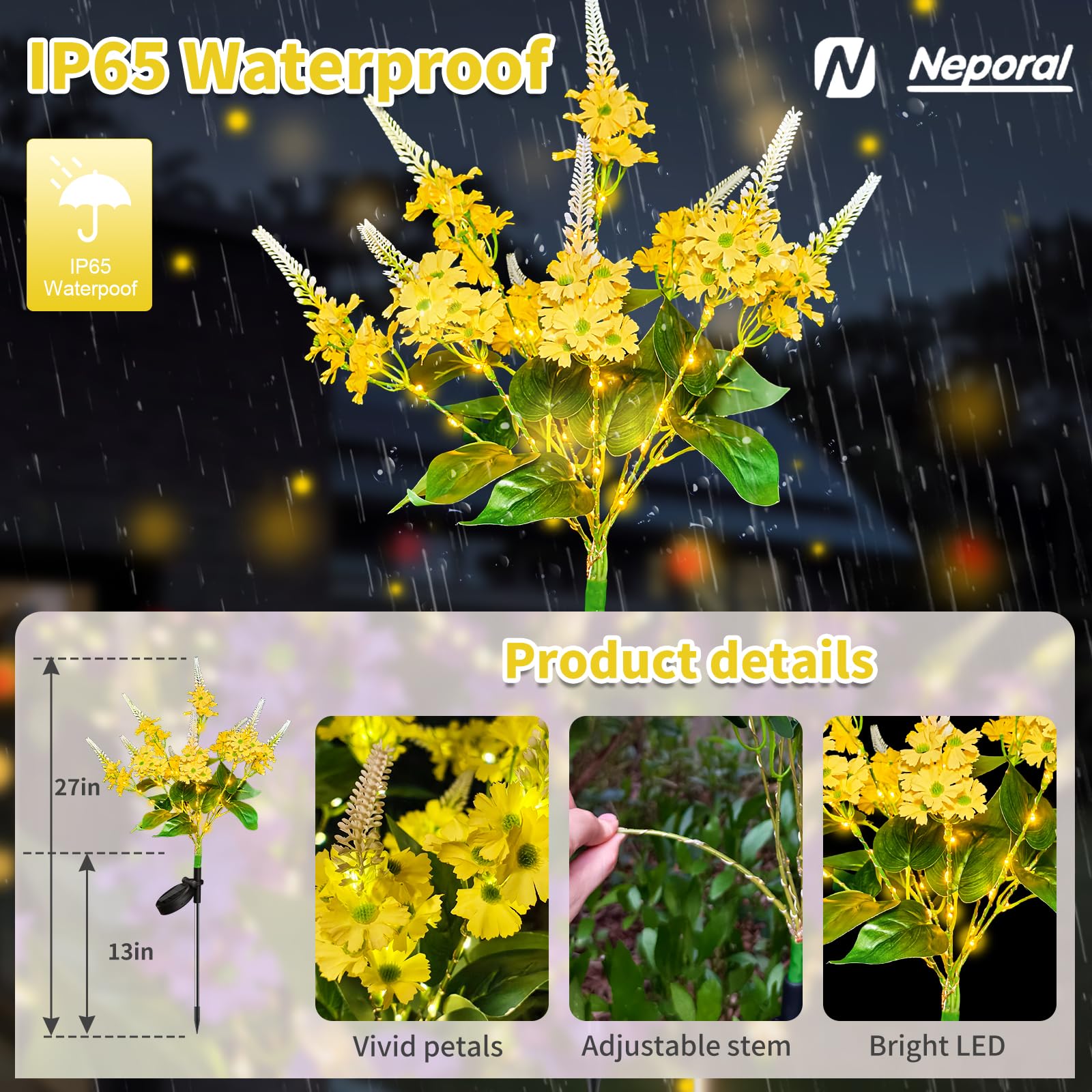 Neporal Solar Flowers - Outdoor Waterproof Decorative Garden Lights, 8-Stem, 2 Lighting Modes, Yellow