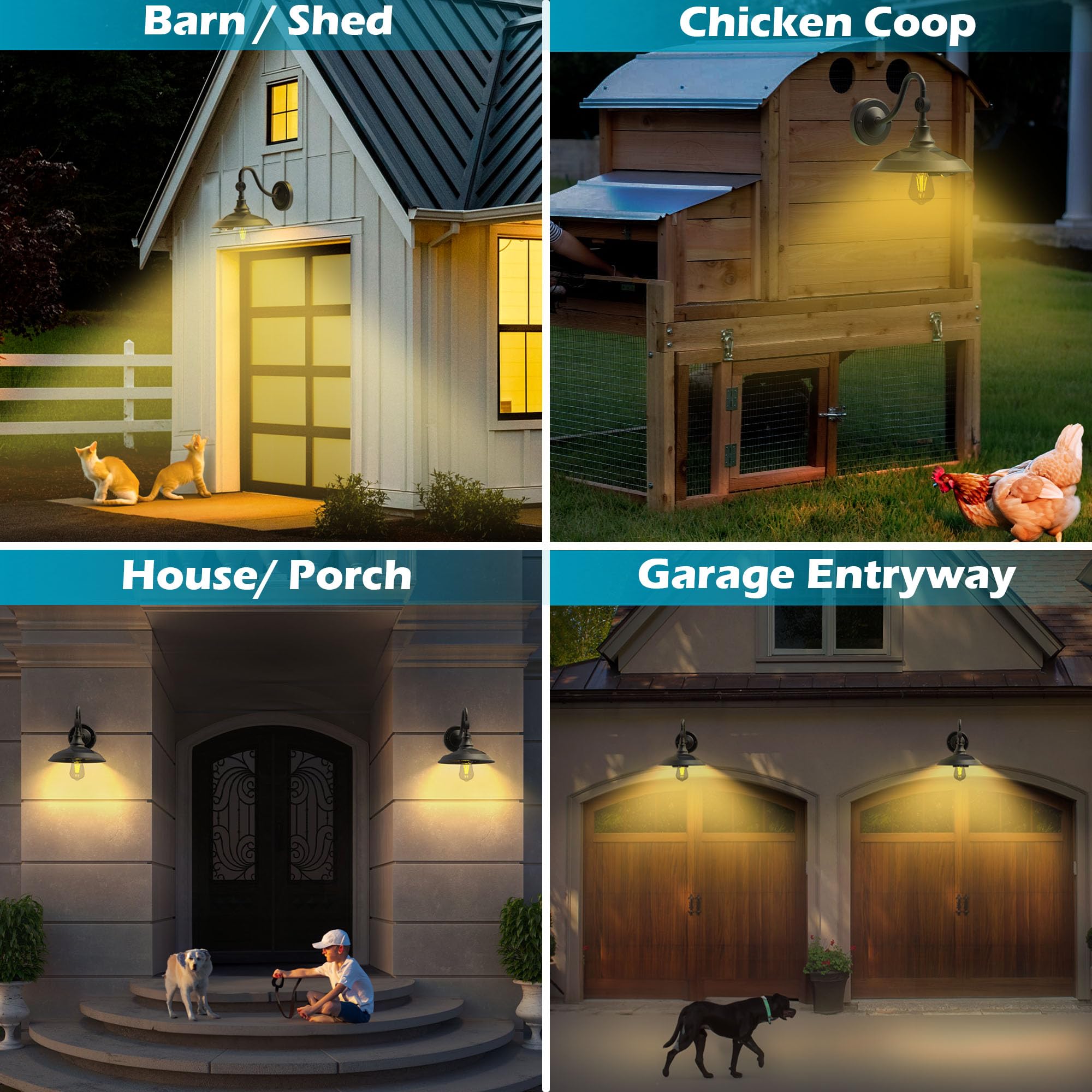 SIEDiNLAR Solar Barn Light - 3 Modes, Waterproof, Aluminum, Black, 2 Pack, Model SD033B-2PK