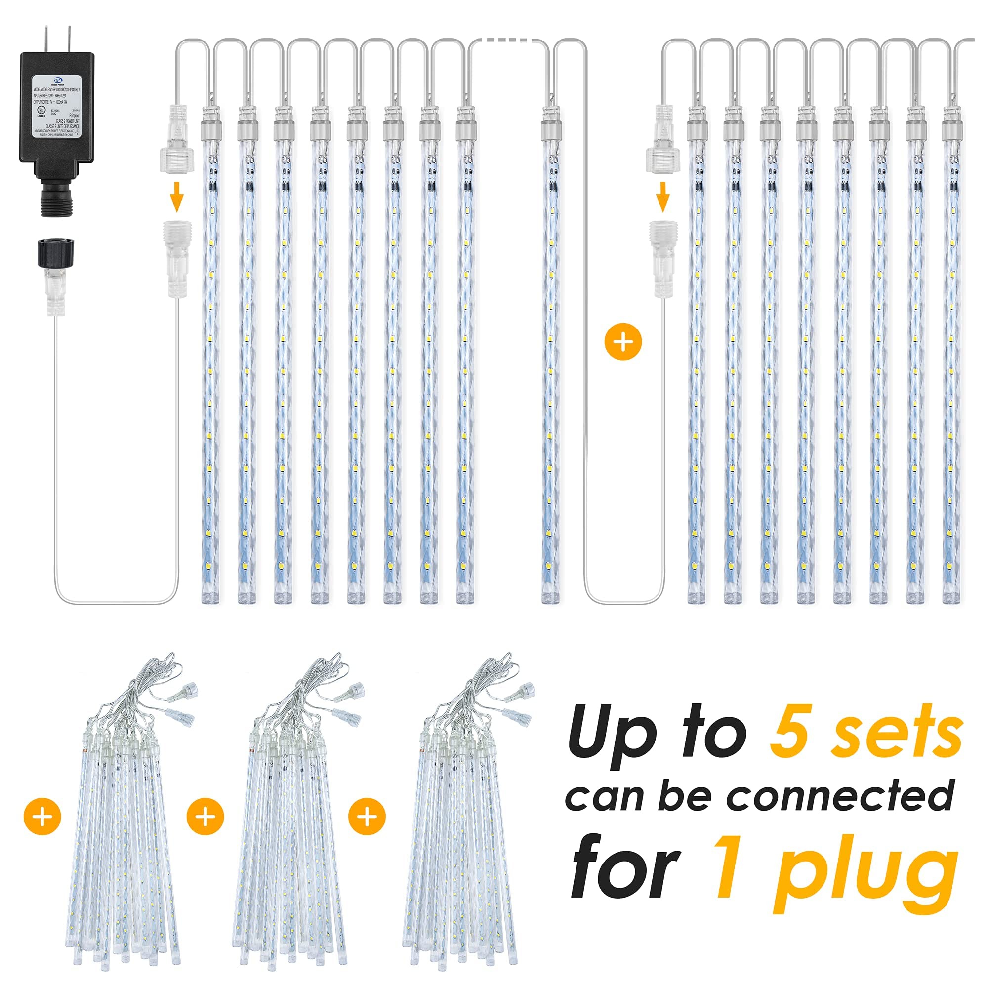 PGFUN Meteor Shower Icicle Lights 576 LEDs, 24 Tubes, White, Holiday Decoration