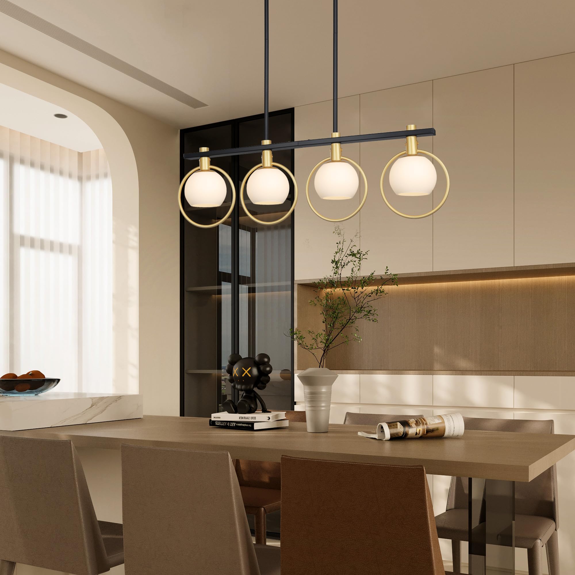 Kveosv 4-Light Gold Black Chandelier Modern Dining Room Lighting with Milk Glass Globe Shade, Model 5981ce6c-ed97-41aa-b9f2-fff7bd
