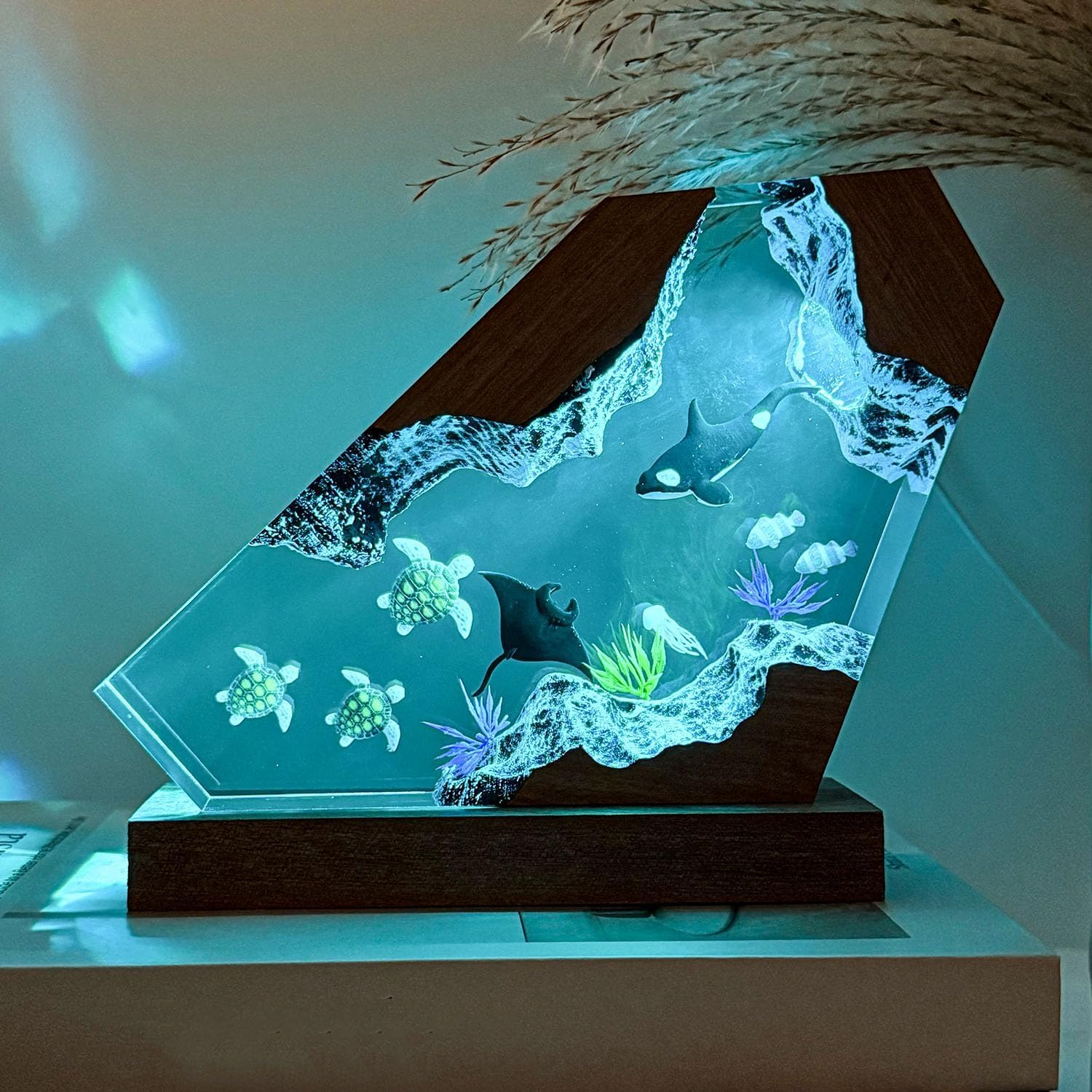 Orca Ocean Resin Lamp  Handmade Wooden Table Resin Night Light  Usb Port Art Ornaments For Home Office Decor  Scuba Diver Gifts For Birthday Holiday  Unique Thanksgiving Day And Christmas Gifts