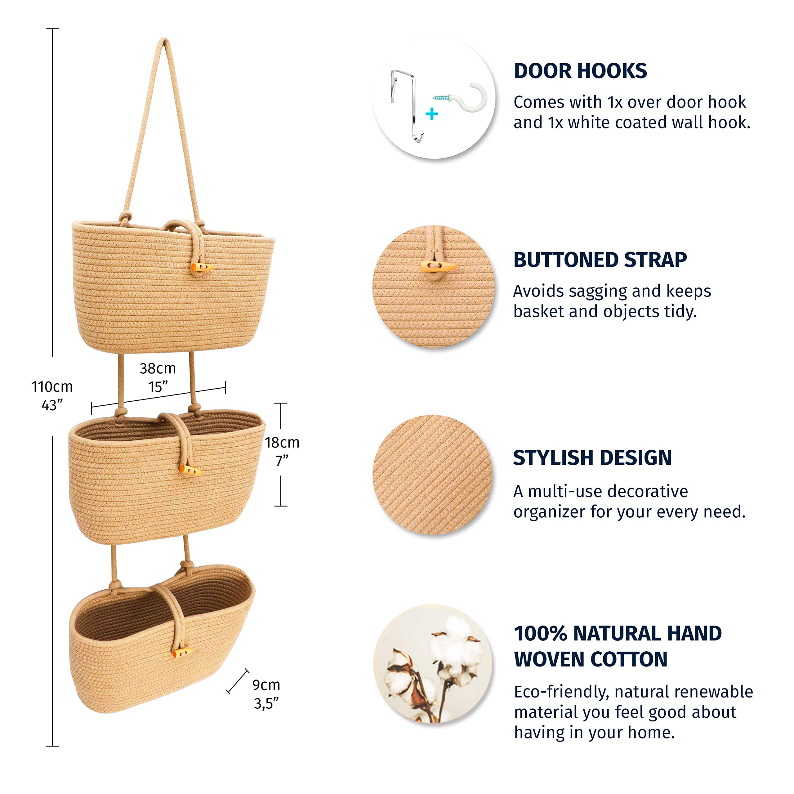 Organihaus Woven Hanging Baskets For Organizing | 3-Tier Wall Basket Storage Boho Nursery Closet Organizer Mounted Over The Door