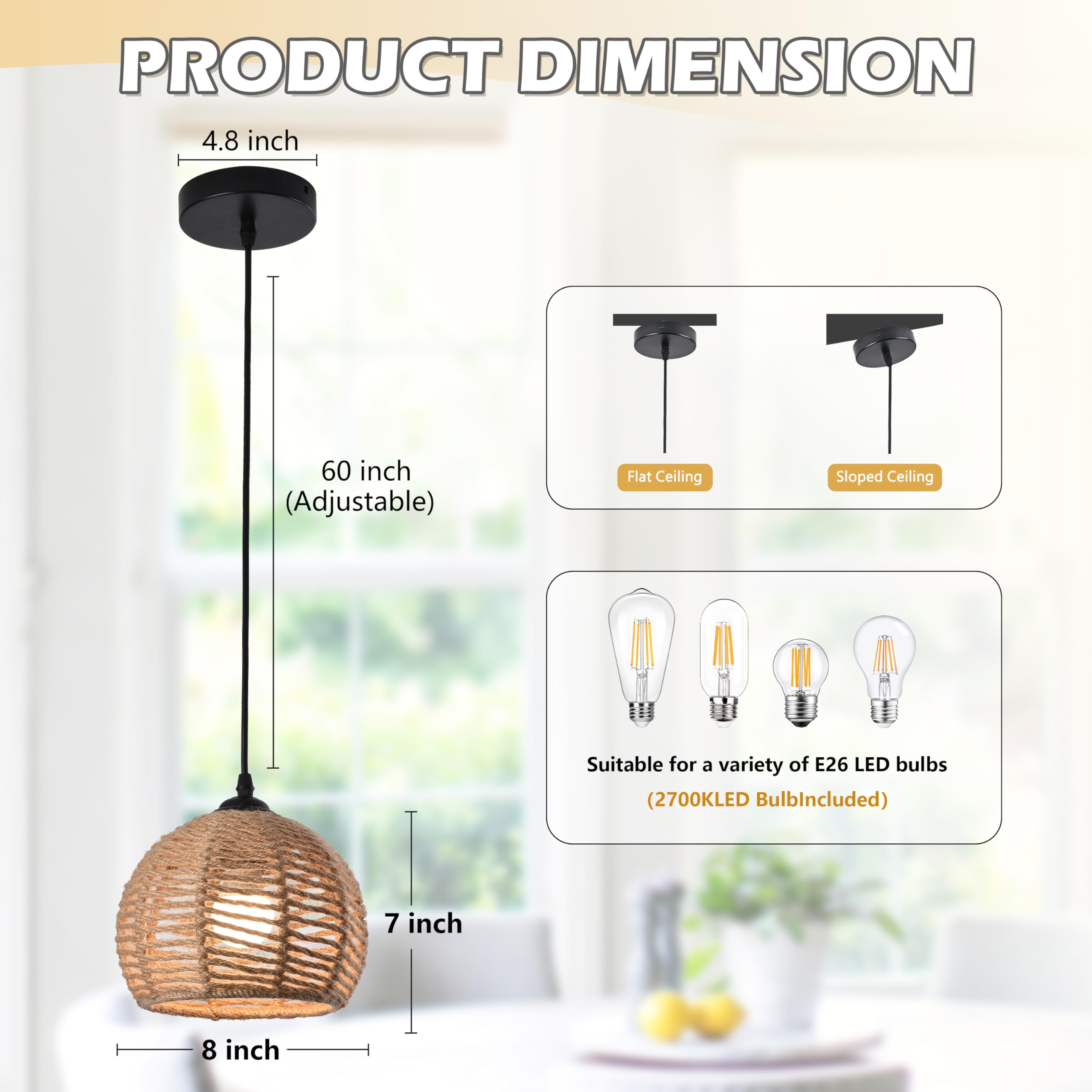 Ayshwilldec Boho Woven Pendant Light - Rustic Hemp Rope Chandelier For Dining Room & Kitchen