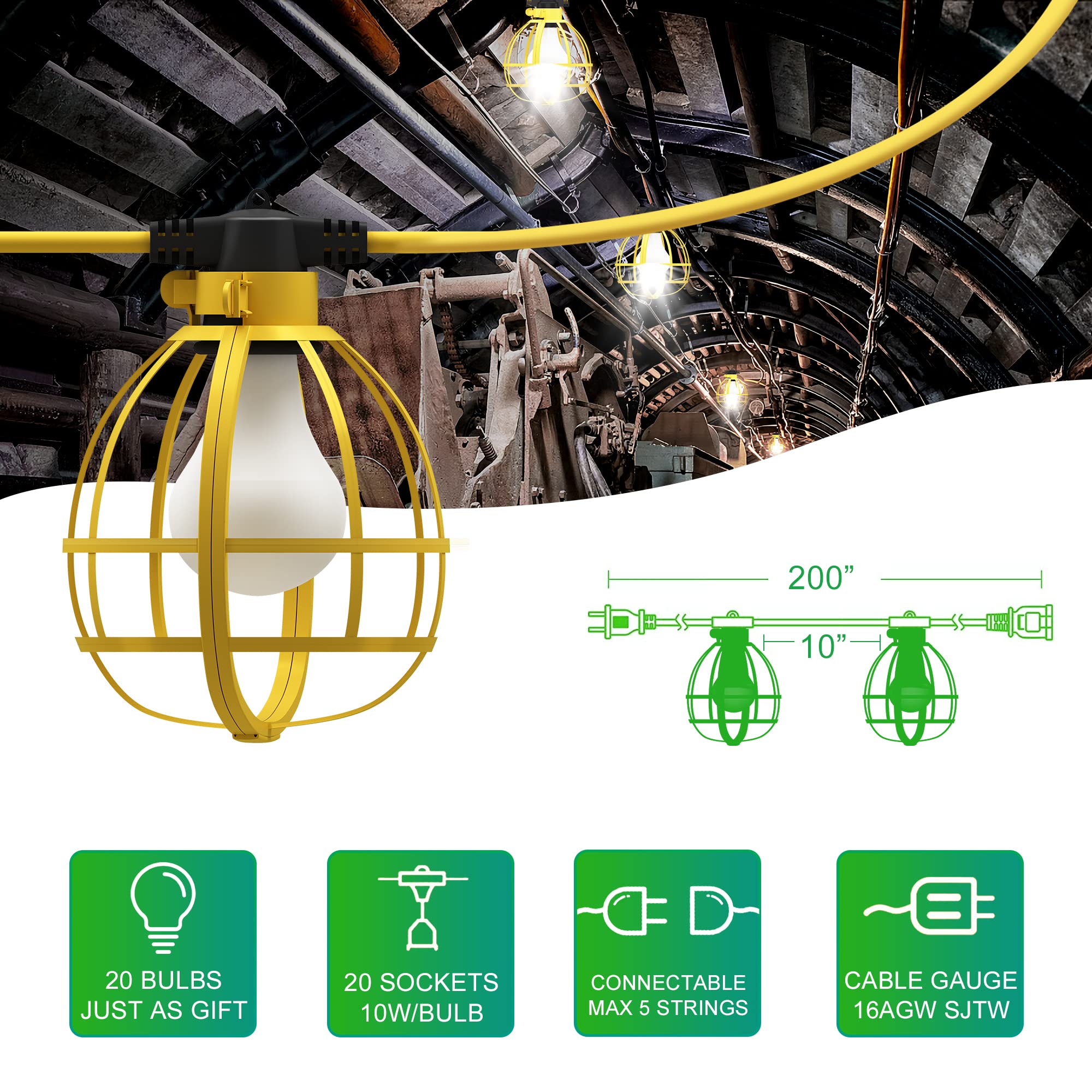 Lediary 200Ft Construction String Lights, 20 Bulbs 200W 21000Lm Work Lights With 20 Medium Base Sockets, Linkable Temporary Construction Lighting For Job Site Workshop Basement