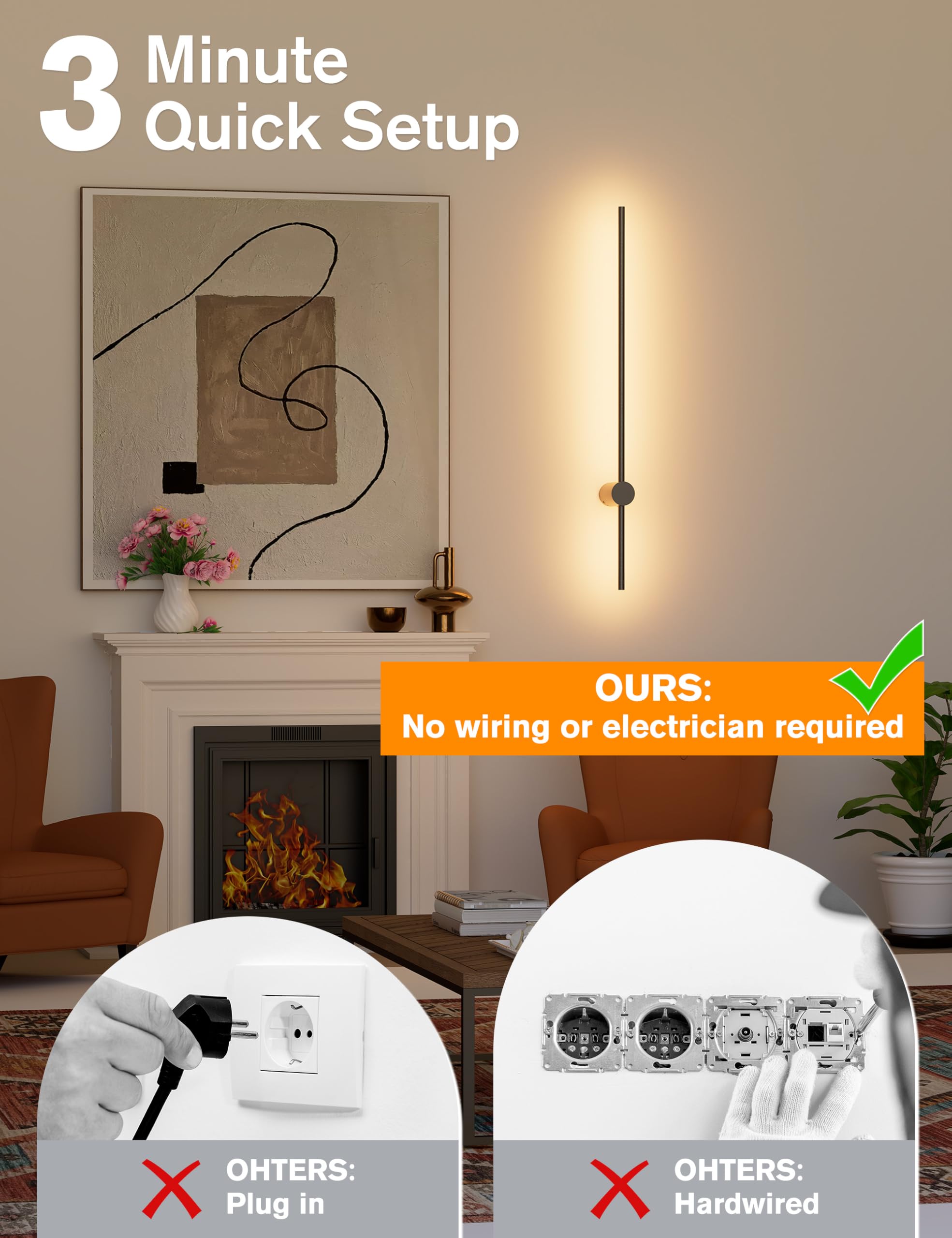 JOFIOS Black Rechargeable Wall Sconces Set of 2, 35.4 inch Metal Dimmable Lamps with Remote Control, RGB Colors, Model JFS61315