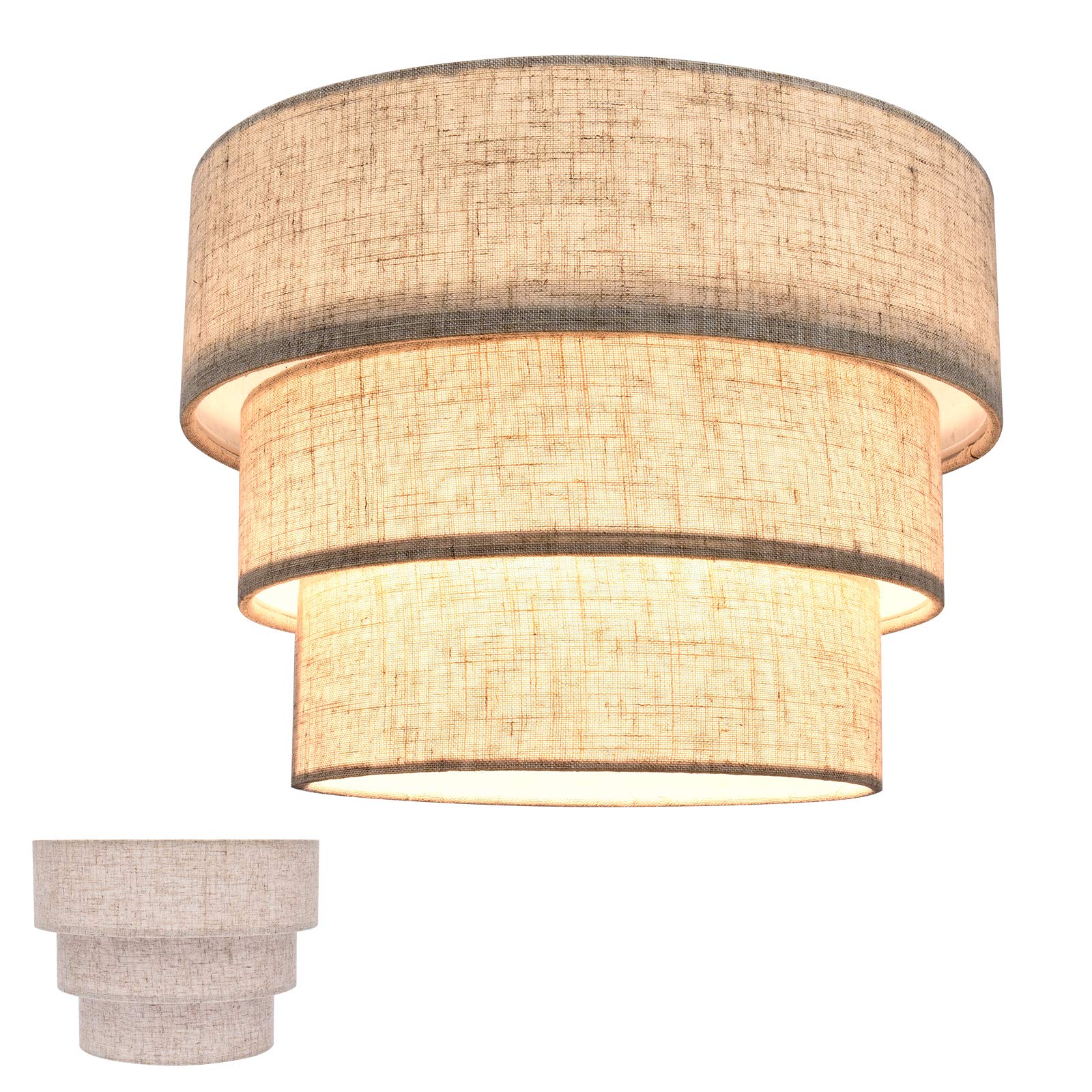 Huoku Brown 3-Tier Drum Lampshade, Handcrafted Natural Linen Replacement For Floor Lamps & Chandeliers