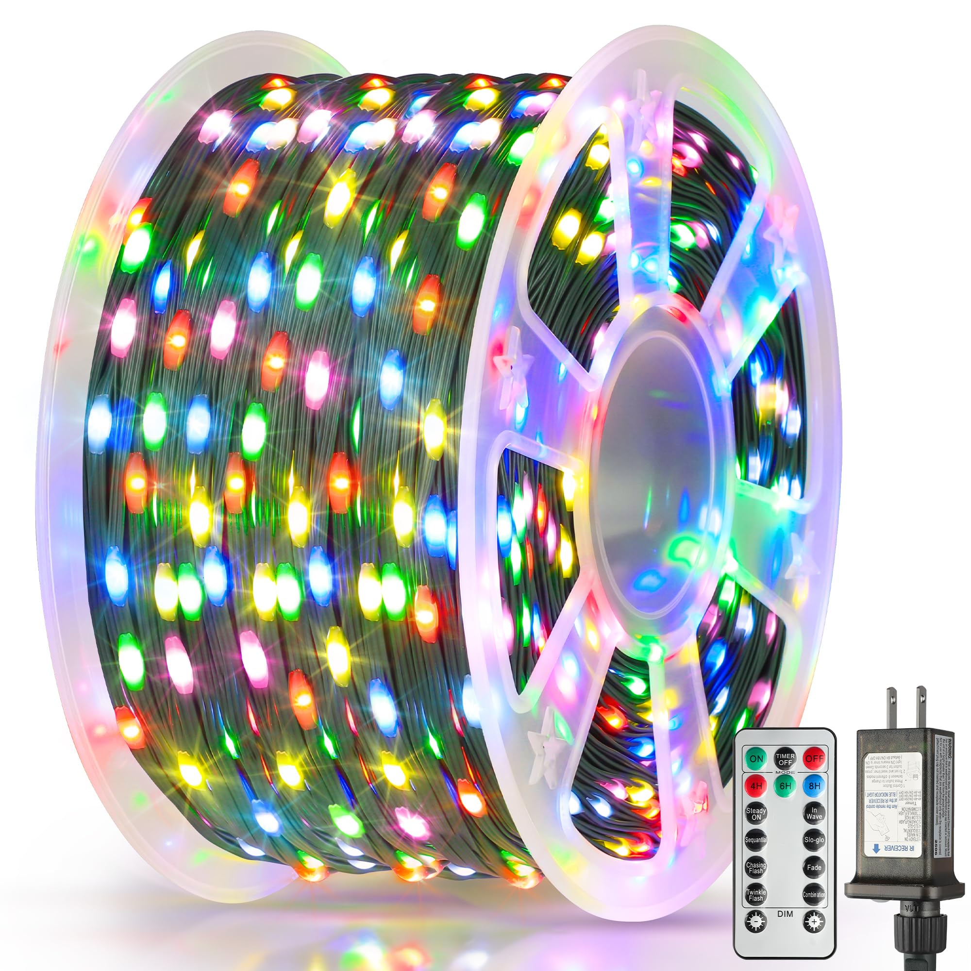 Larkvue Christmas Lights, 394FT, 1200 LEDs, Waterproof, Dimmable, 8 Modes, Remote Control, Multicolor, Model JT-EL/FC