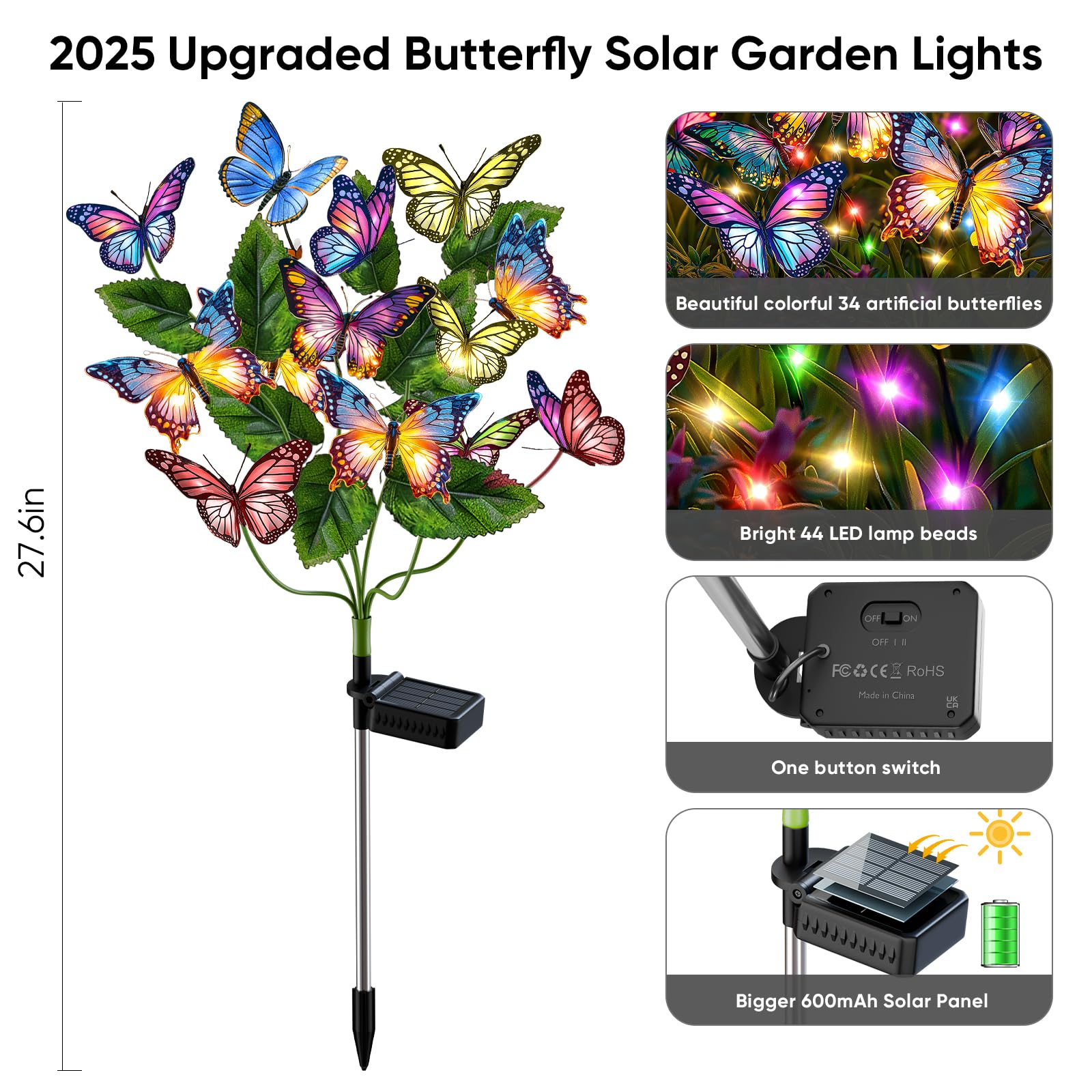 Solar Lights Outdoor Garden Decor: Gardening Gifts For Women Mom - 6 Pack 102 Butterfly Solar Lights With Colorful Bulbs - Outside Waterproof Christmas Decorations For Yard Patio Pathway Porch Lawn