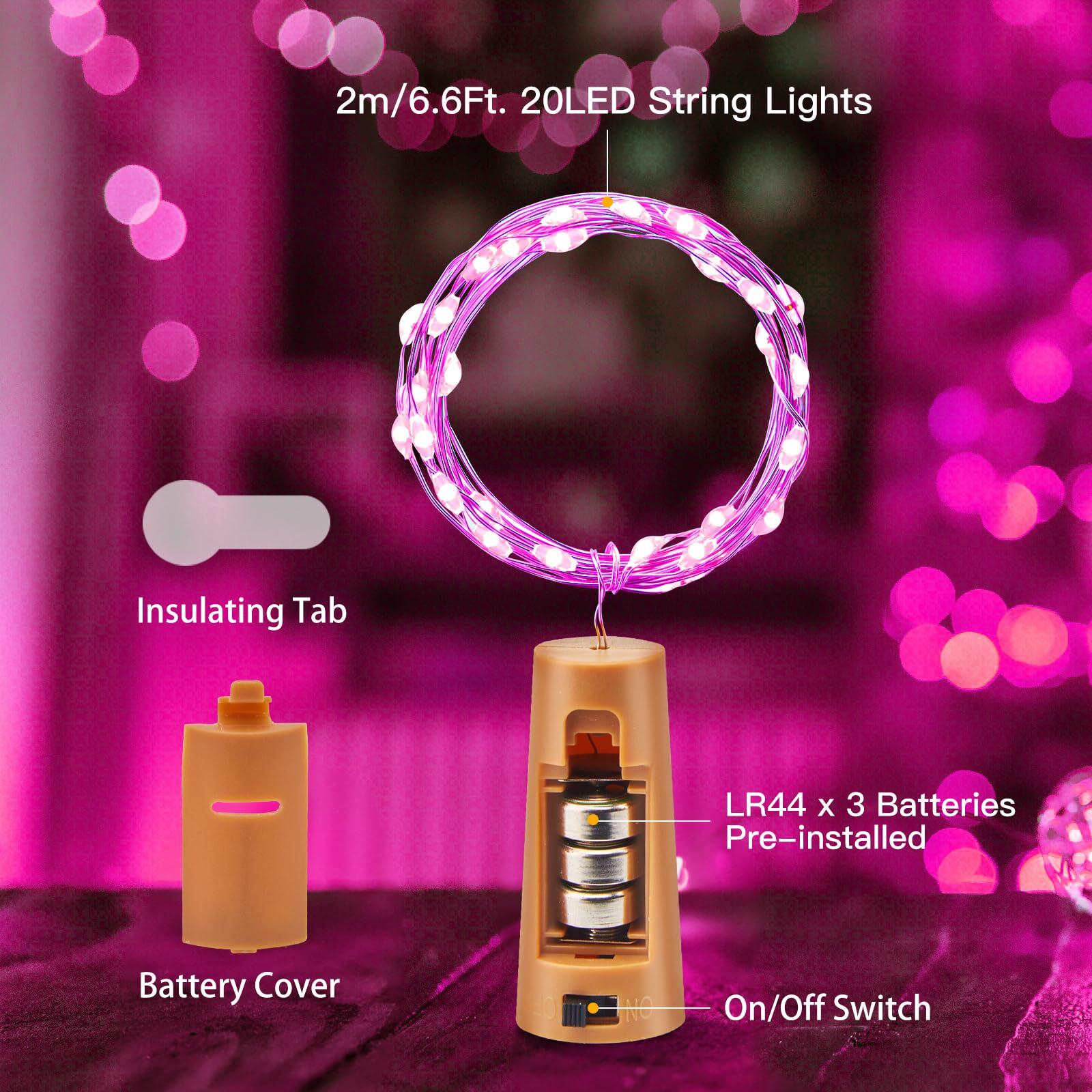Brightown Wine Bottle Lights - 10 Pack 7ft 20 LED Waterproof Fairy Lights - Pink