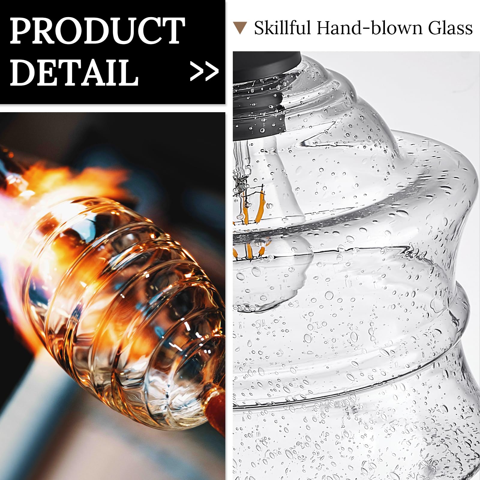 Fookchak Seeded Glass Pendant Lights Black 10Inch Farmhouse Ceiling Pendant Lighting Kitchen Island Large Clear Glass Island Han