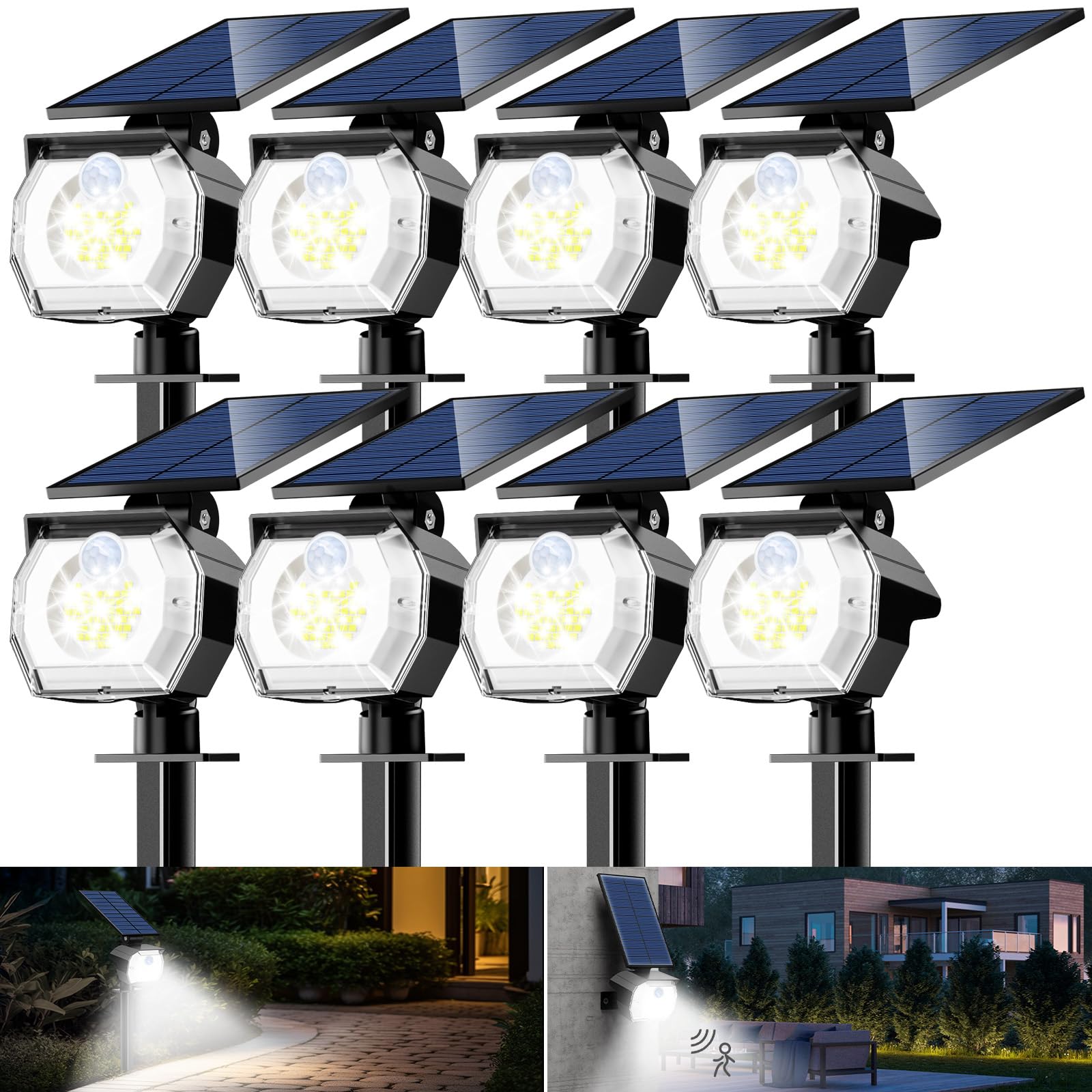 btfarm 8 Pack Solar Motion Lights Outdoor Waterproof IP65-52 LED Motion Sensor Solar Spot Lights Outdoor, 3 Modes Solar Powered 