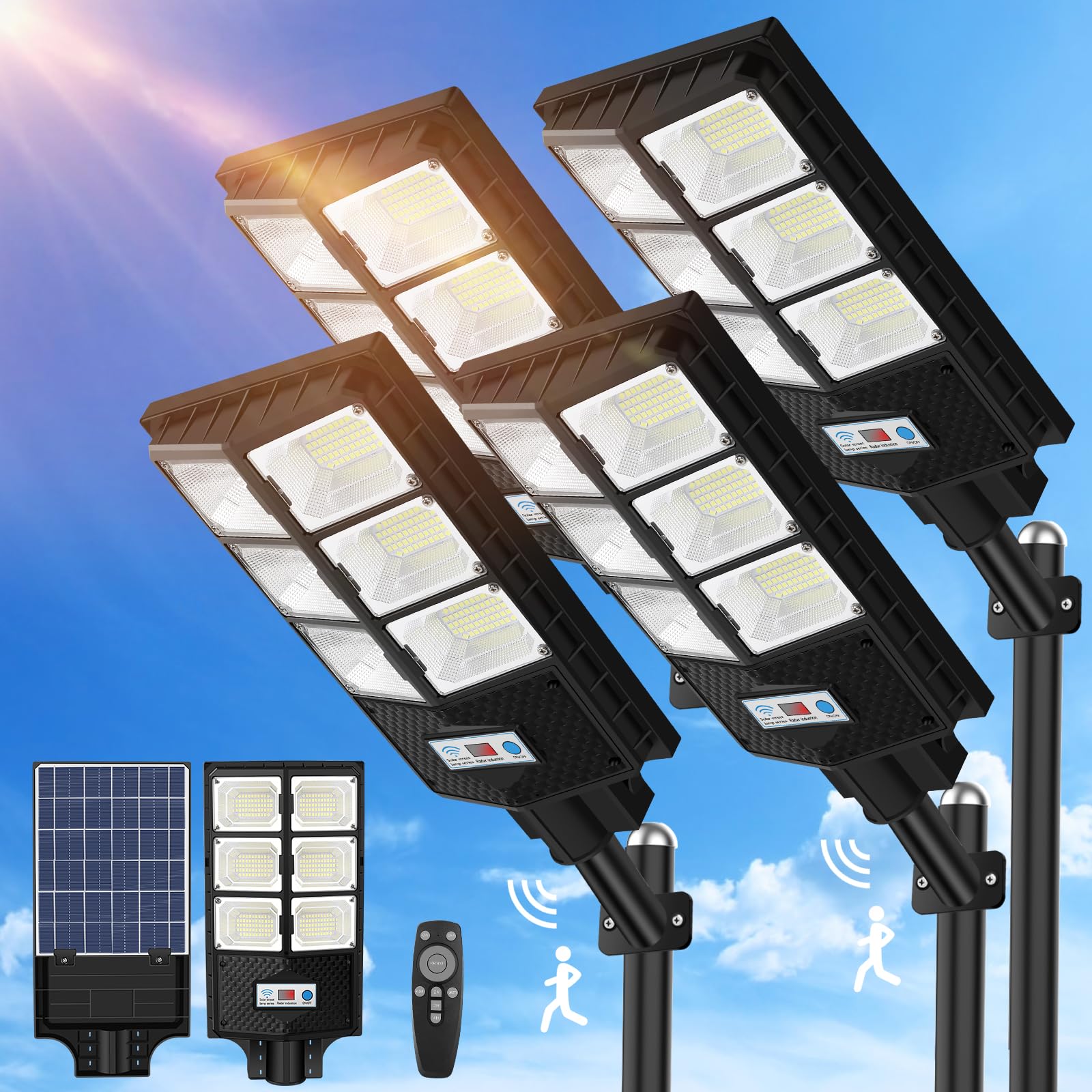 VUAA 4 Pack Solar Street Lights - Outdoor Waterproof, 6500K 10000LM LED Solar Lights for Outside Dusk to Dawn, Flood Lighting wi