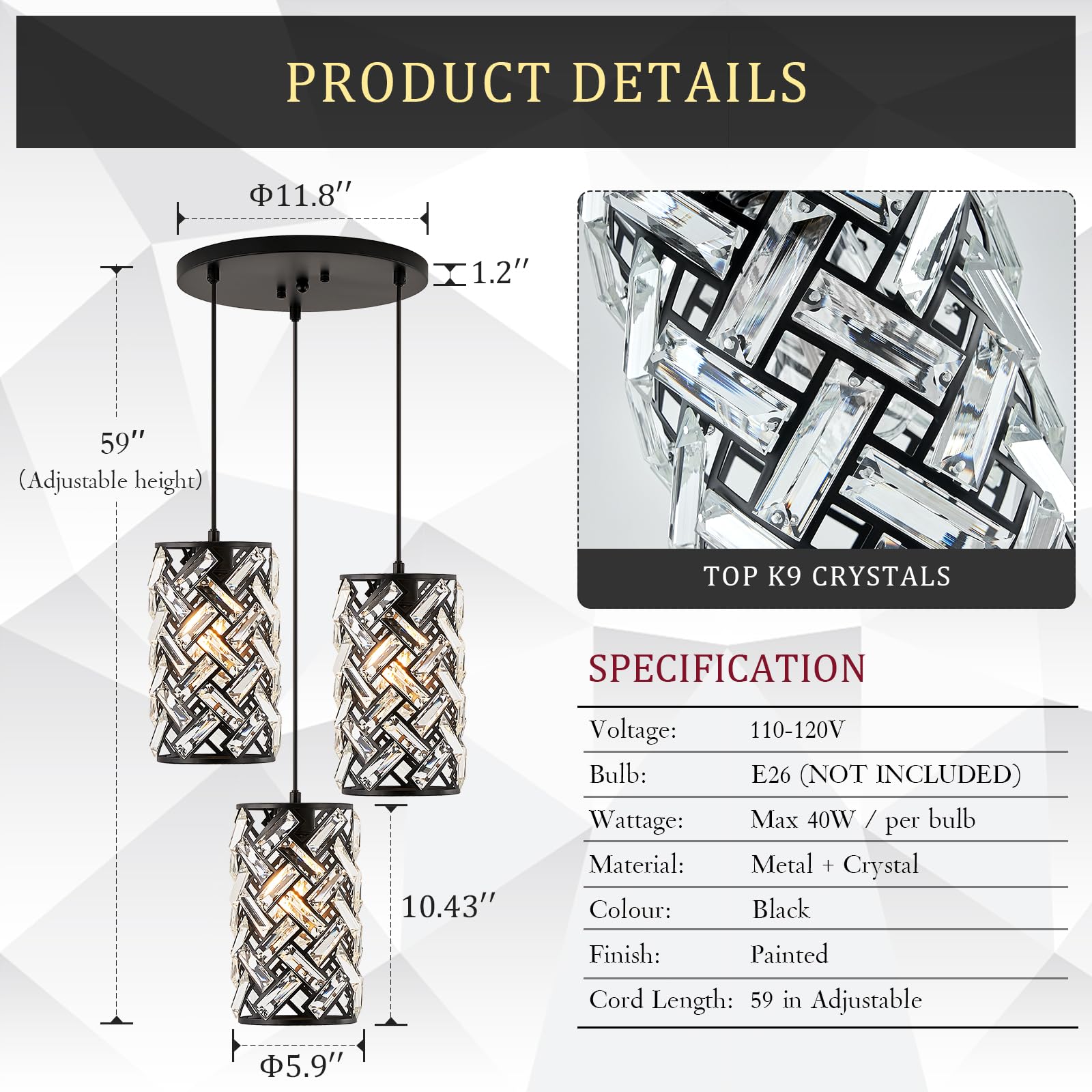 Catiner 3 Lights Crystal Pendant Light Modern Black Mini Chandelier, Adjustable Cluster Pendant Light Fixture For Kitchen Island