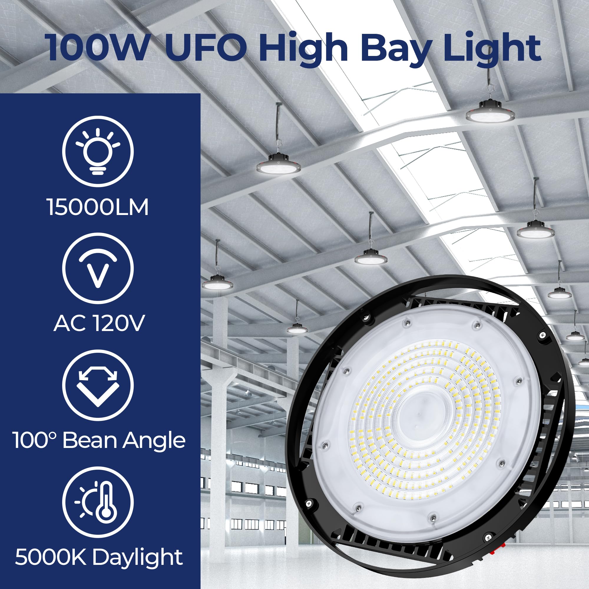 CINOTON 100W UFO LED High Bay Light - 15000LM, Aluminum, Daylight White 5000K, ETL Listed, 4 Pack, Model HB030