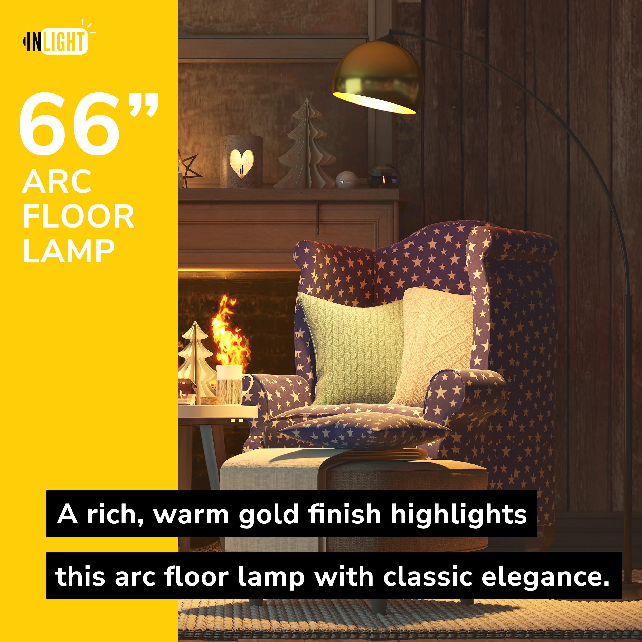 Getinlight 66'' Modern Antique Brass Arc Floor Lamp With Inner Gold Metal Shade And Black Real Marble Base, Bulb Not Included, I