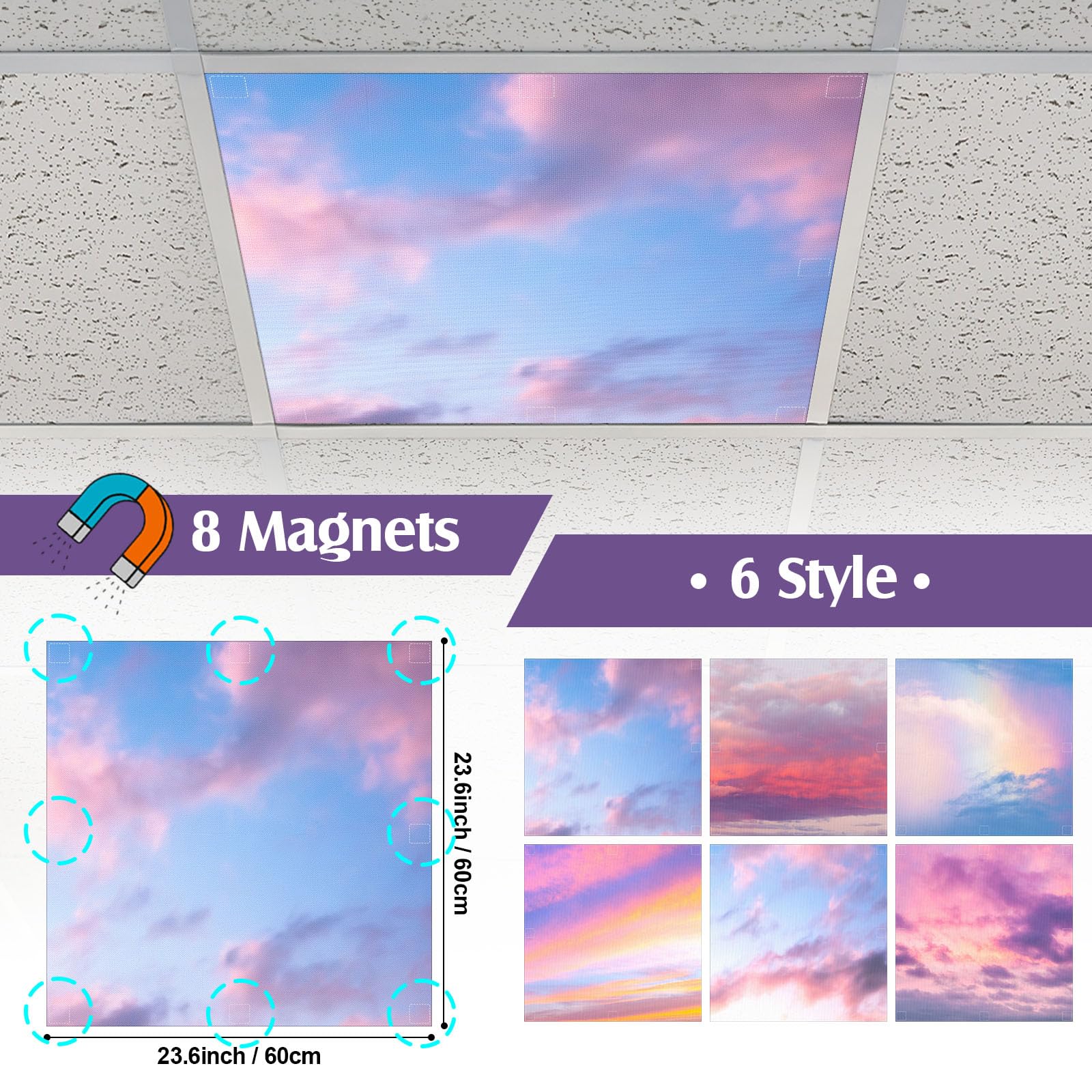 Kittmip Fluorescent Light Covers 6 Pcs 2ft, 100D Polyester, Sunset Clouds, 48 Magnets, Ideal for Classroom Office Kitchen Decor