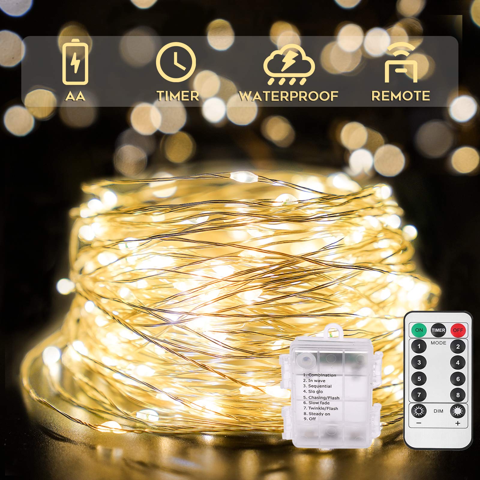 suddus 66ft 200 LED Outdoor String Lights, Warm White Christmas Fairy Lights Battery Operated with Remote, Led Twinkle Lights for Bedroom, Dorm, Patio, Tapestry, Backyard, Garden, Xmas, Party, Indoor