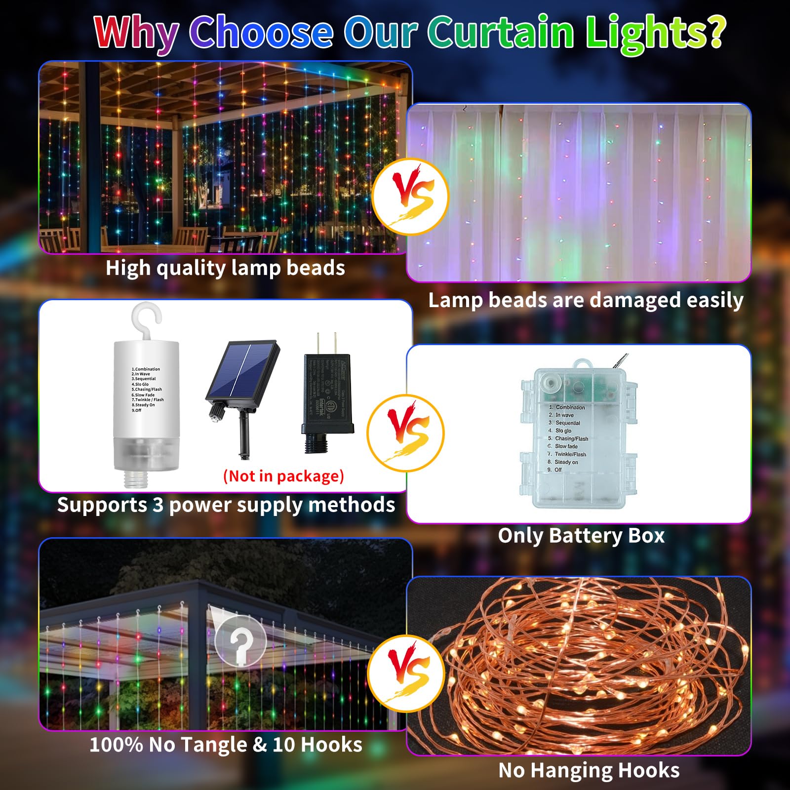 RCNDJE 300LED Battery Operated Curtain Lights, Waterproof Twinkle Fairy Lights, 10ft x 10ft, Multicolor