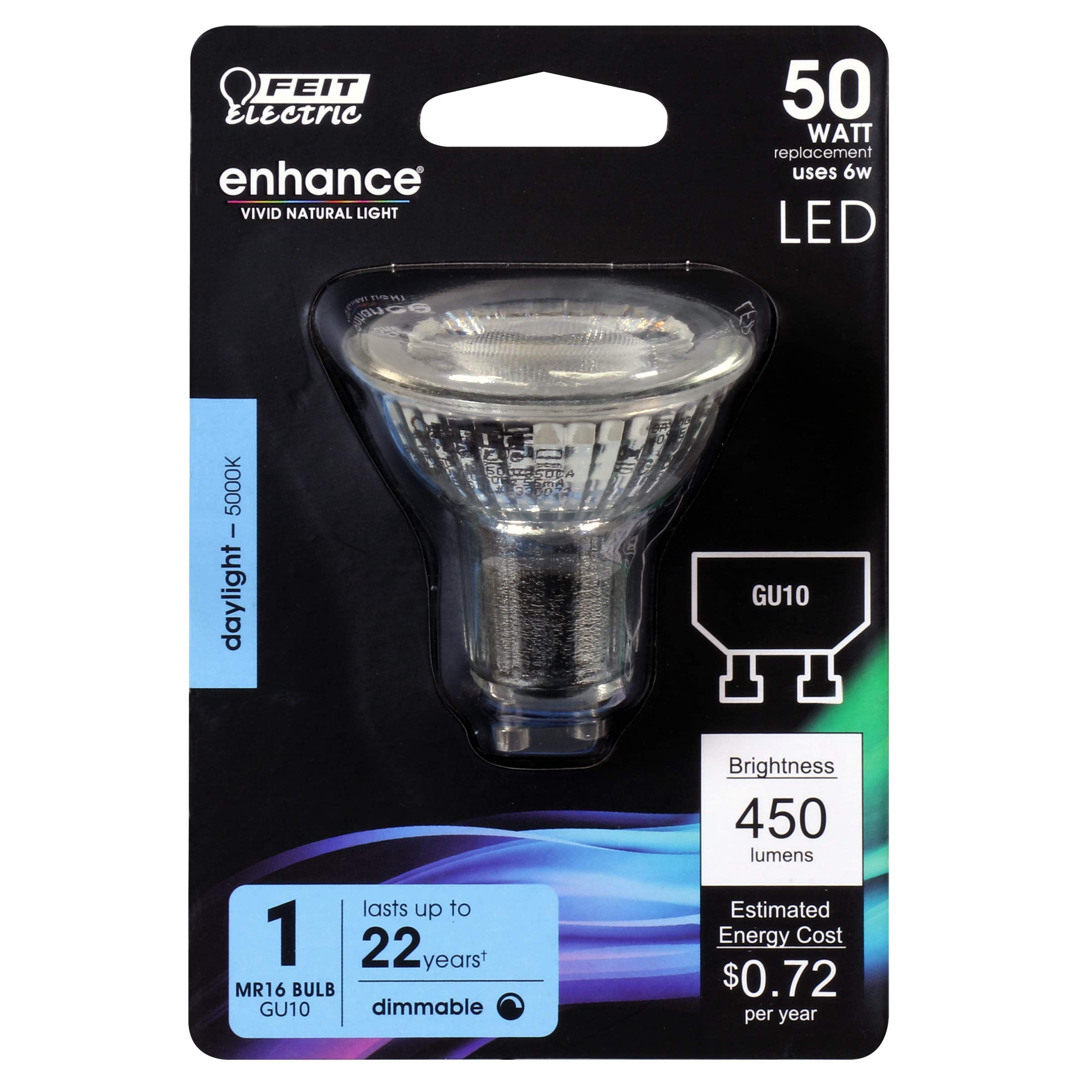 Feit Electric MR16 LED Flood Light Bulb, 50W Equivalent, GU10 Base, Dimmable, Daylight 5000K, 90+ CRI Enhance LED, 120V, Indoor/