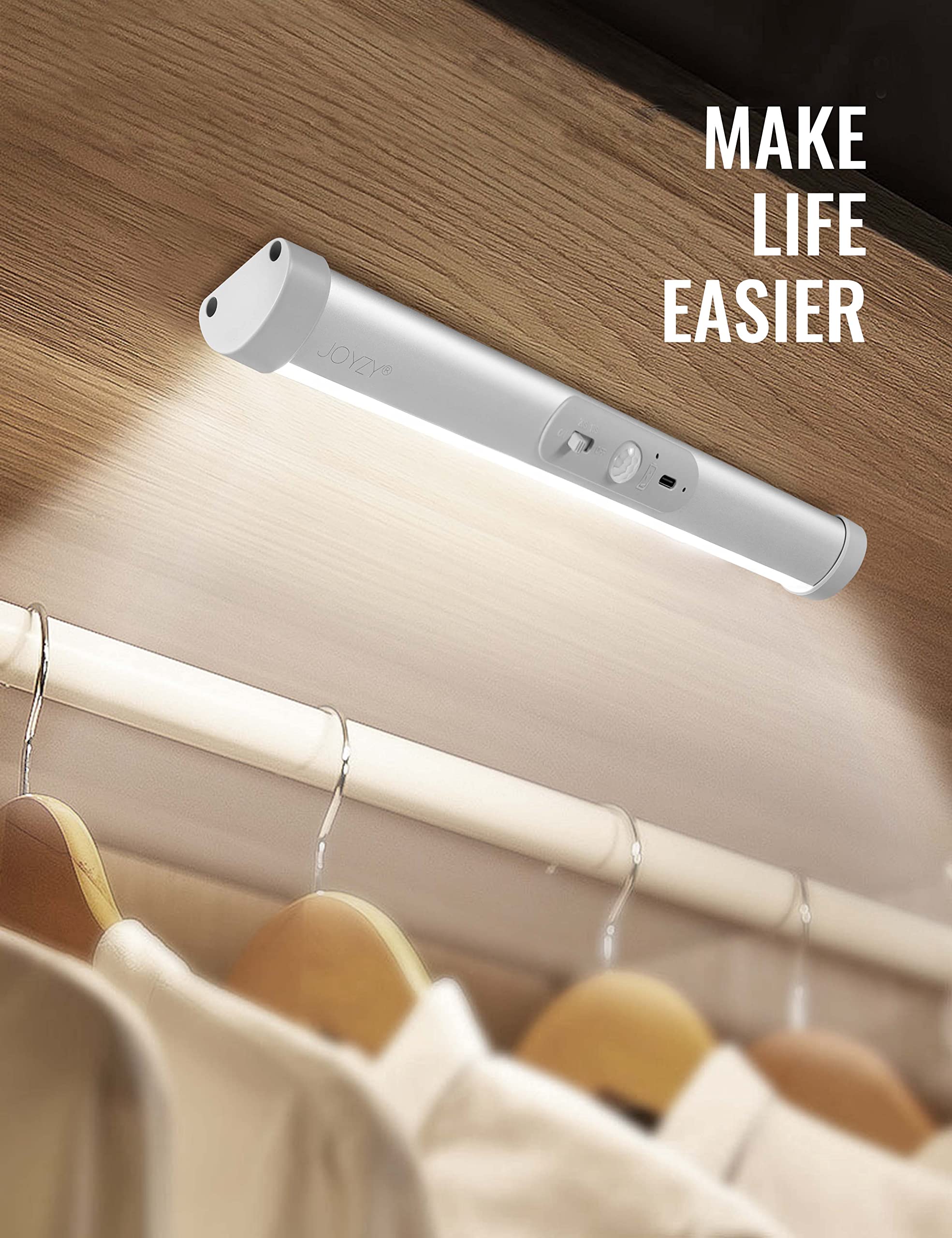 Joyzy LED Motion Sensor Closet Lights, Eye-Protecting Design, 3-Pack, Wireless, Rechargeable, White, Model BTY2020001