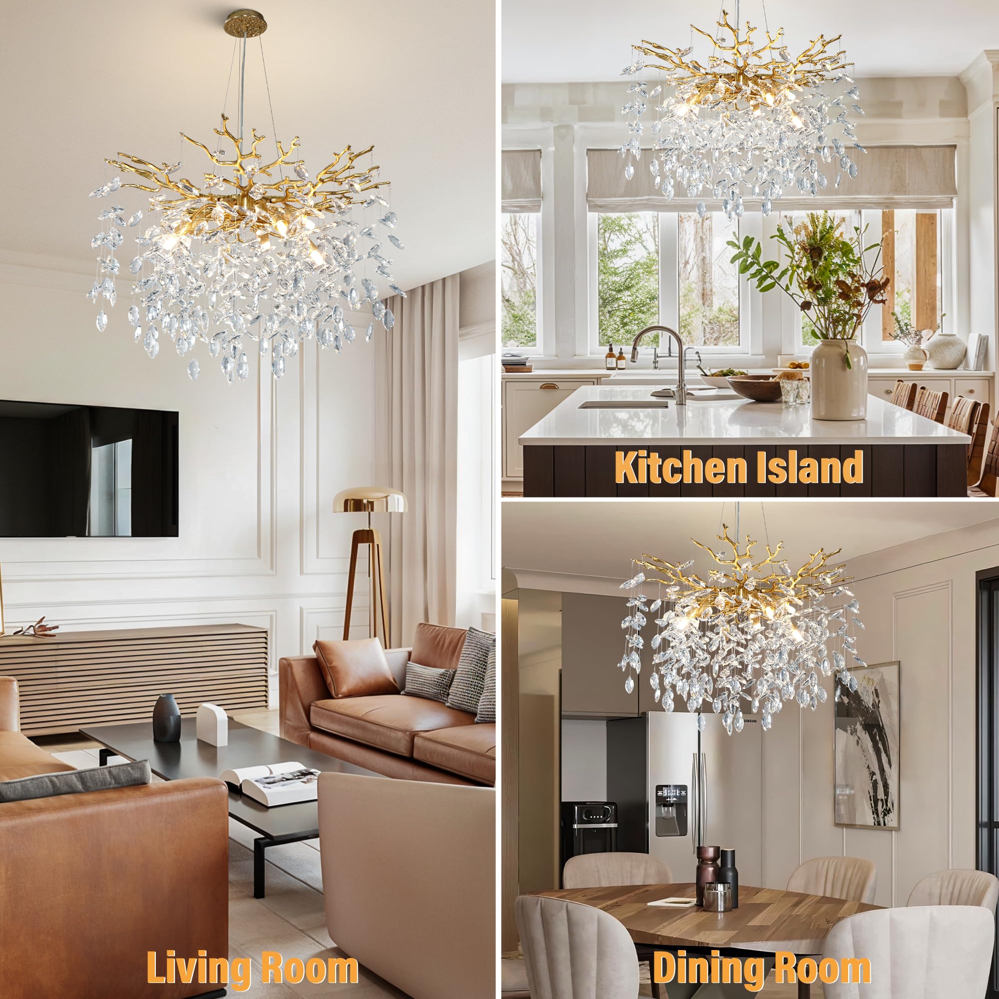 Yuyi 23.6 Modern Gold Tree Branch Crystal Chandelier  8-Light Round Raindrop Pendant Lighting For Dining Room Living Room Bedroom Kitchen Foyer Entryway  stylish K9 Crystal Statement Light Fixture
