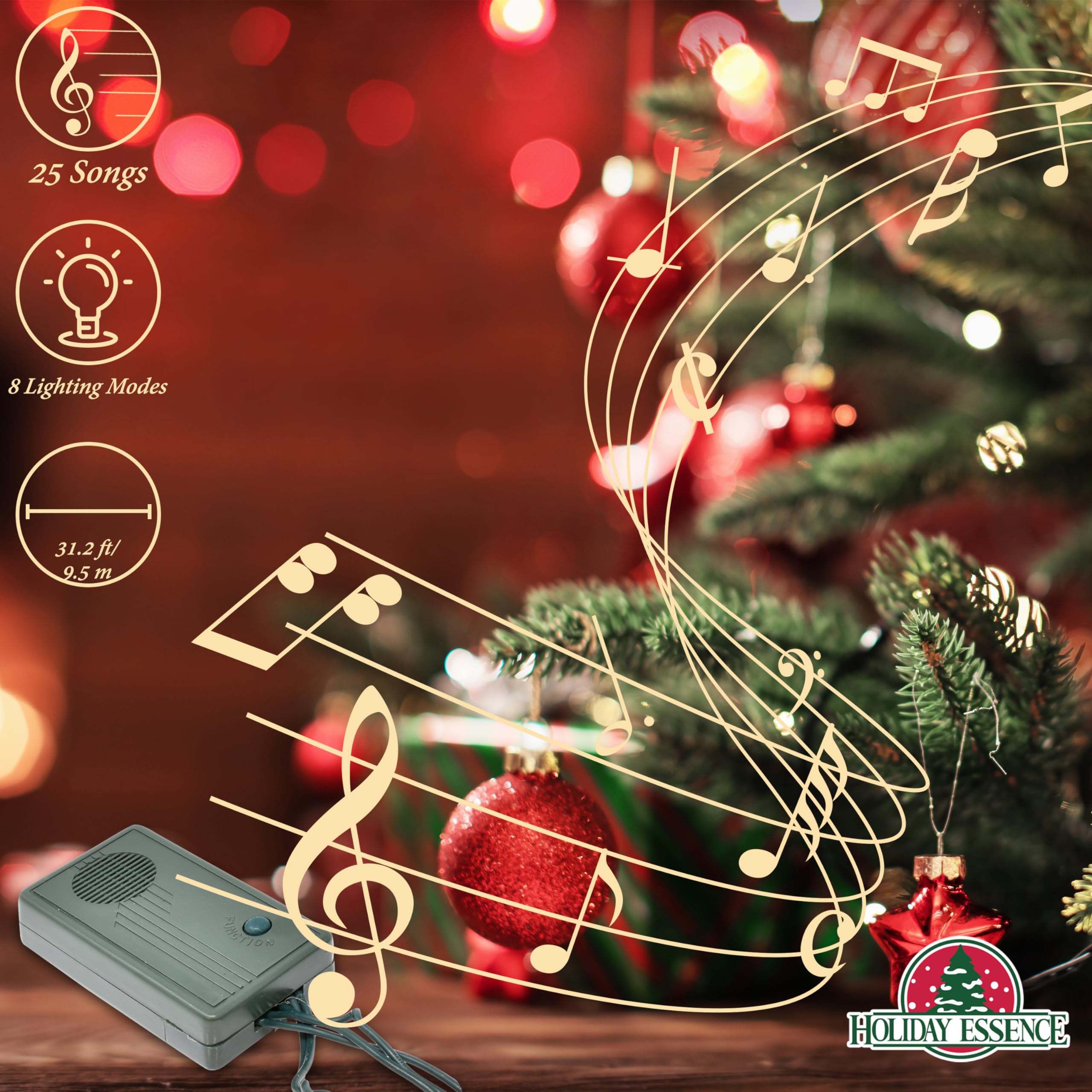 Holiday Essence Red Musical Christmas Lights, 25 Songs, 31.2 Ft Indoor String Lights, Green Wire, Model V4865