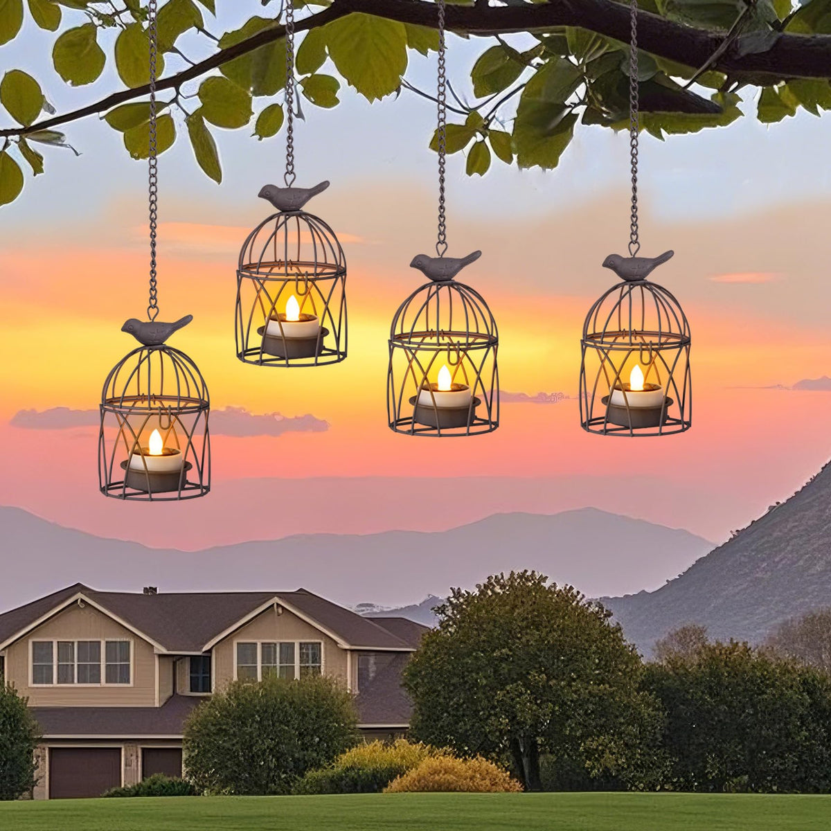 Solar Lanterns Outdoor Waterproof, Rust Iron Cage Candle Holder With Flickering Solar Powered Tea Lights, Hanging Solar Lights F