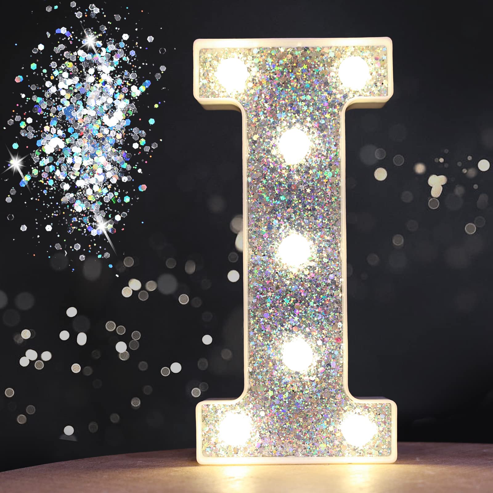 Pooqla LED Marquee Letter Lights, Battery Powered Silver Glitter Letter I for Home Decor, Parties, Weddings, Christmas, Sequin Silver